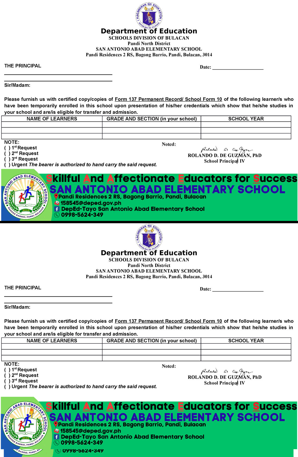 Sf 10 Request - Dgede - Department Of Education SCHOOLS DIVISION OF ...