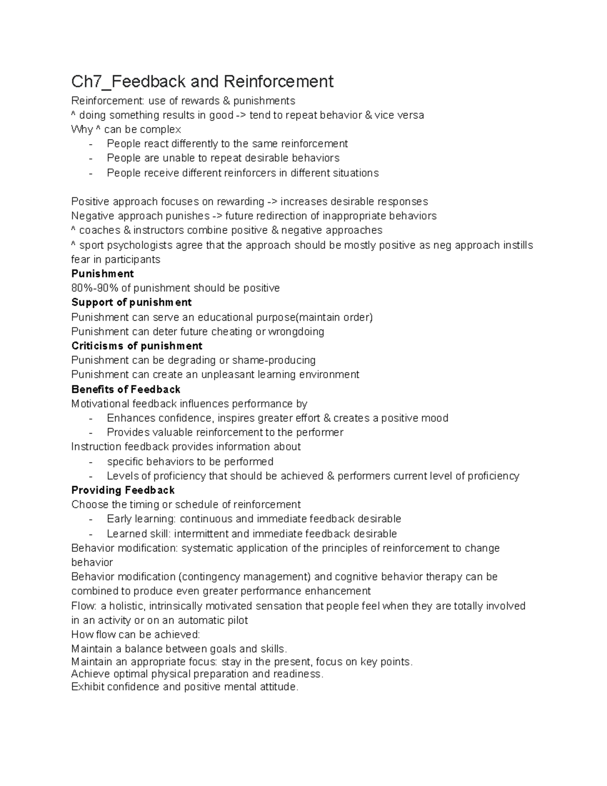 HWS338 Ch7 Notes - Ch7_Feedback and Reinforcement Reinforcement: use of ...