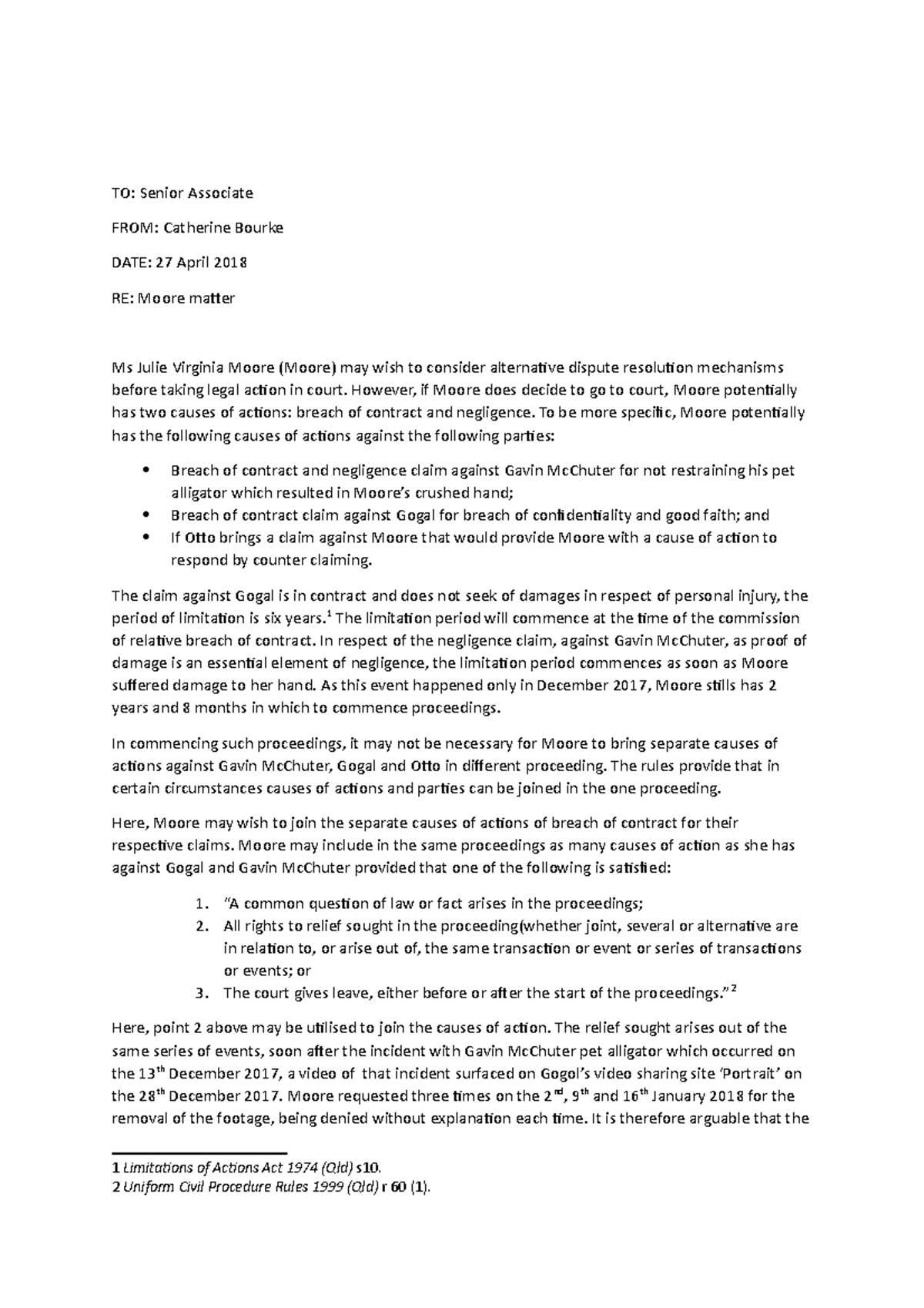 Civil memo - moore - memo - TO: Senior Associate FROM: Catherine Bourke ...