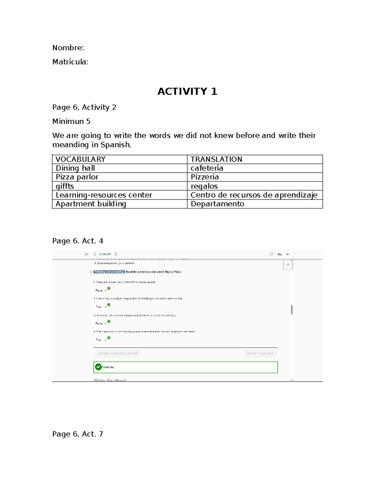 Actividad ingles - ingkes - Ingles basico - Nombre: Matrícula: ACTIVITY ...