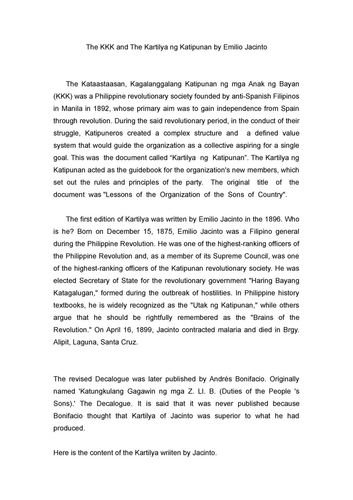 critical essay about the kkk and the kartilya ng katipunan