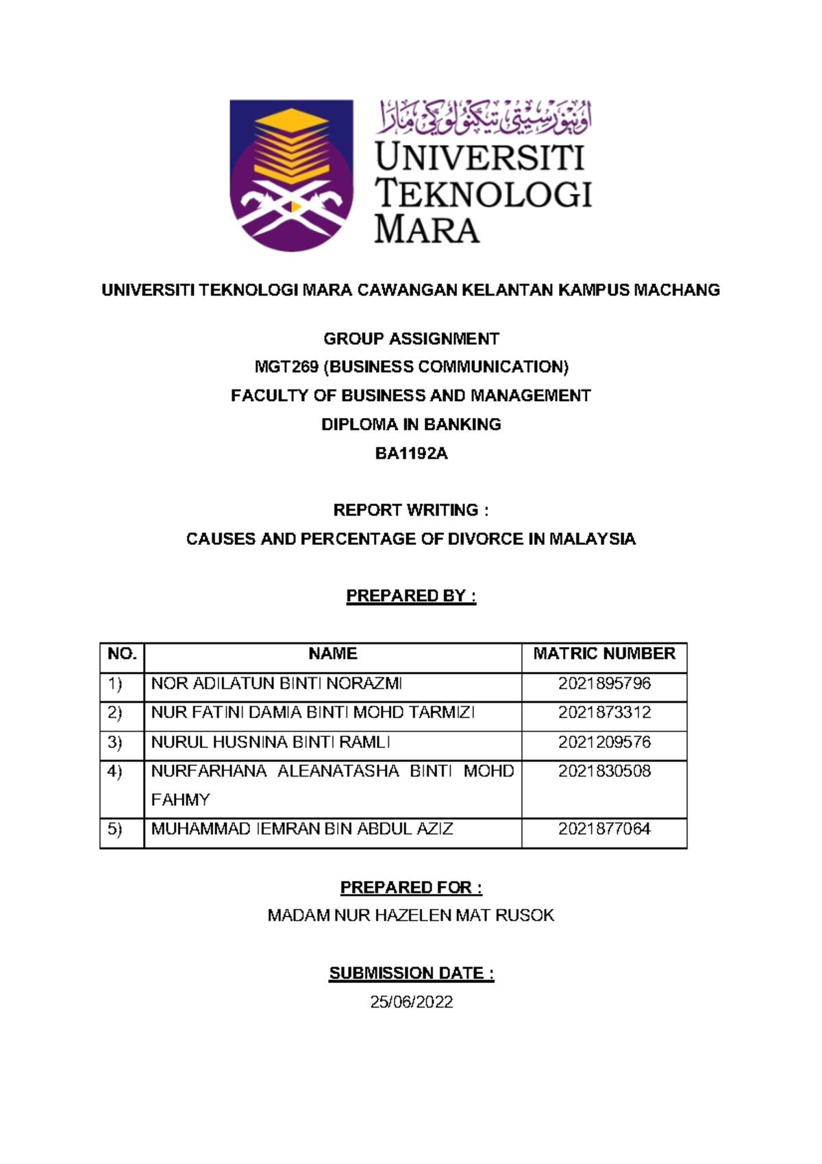 MGT269 Report Writing BA1192A 2022 - UNIVERSITI TEKNOLOGI MARA CAWANGAN ...