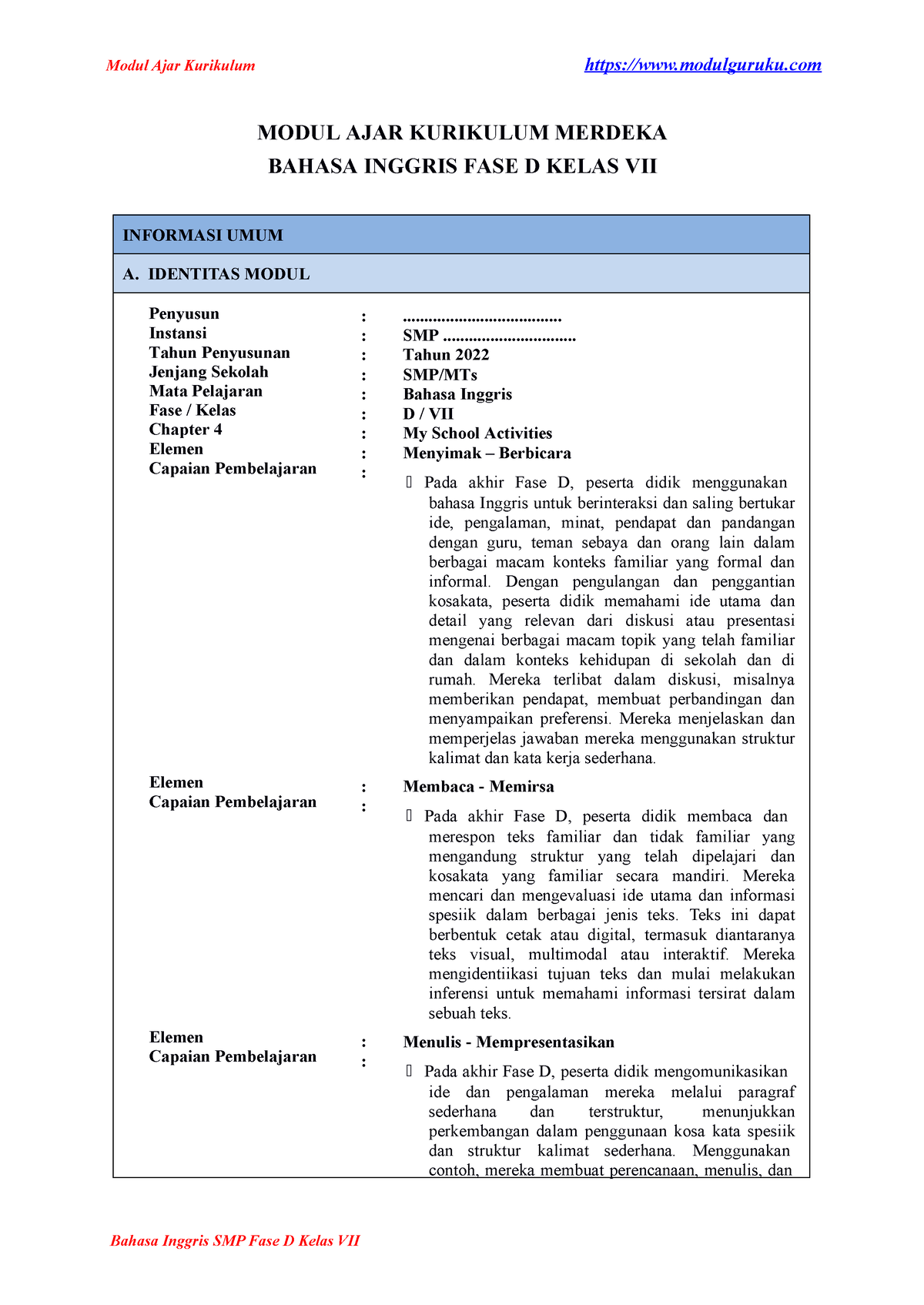 Modul Ajar Bahasa Inggris Kelas 7 Smp Fase D Chapter 4 Modulguruku Modul Ajar Kurikulum