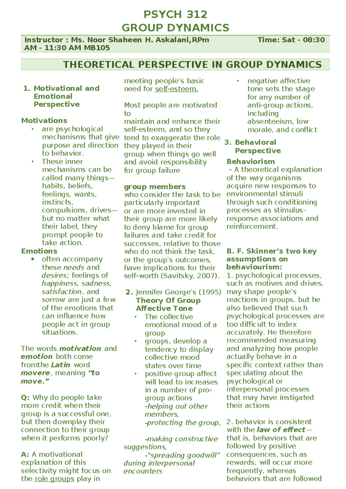 Handouts Psych 312 - PSYCH 312 GROUP DYNAMICS Instructor : Ms. Noor ...