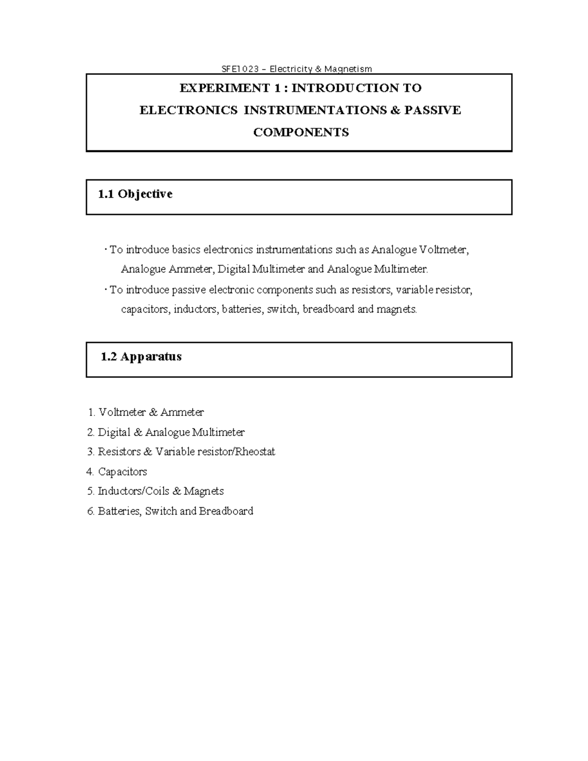 SFE1023 Laboratory Manual SFE1023 Electricity &