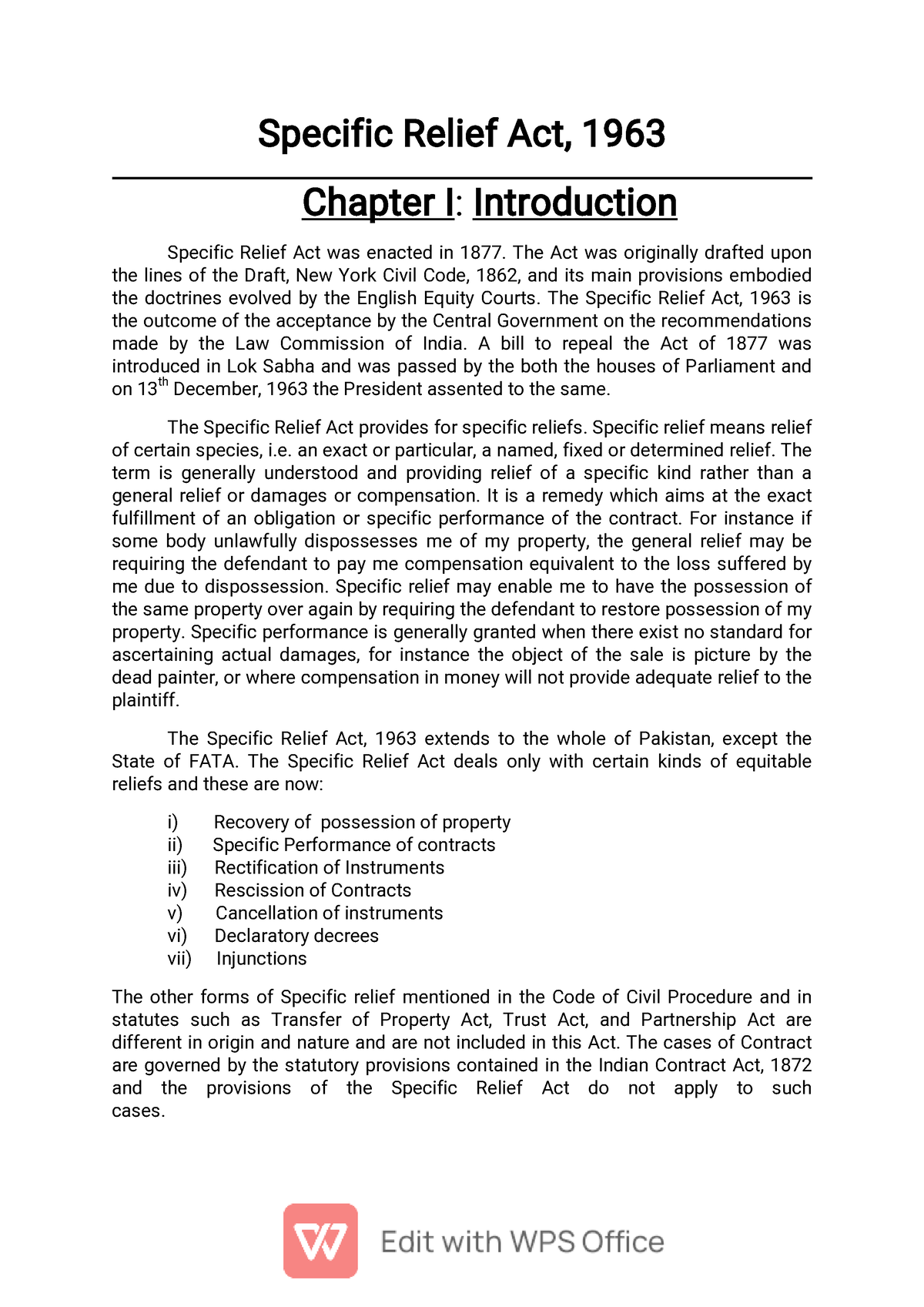 Specific Relief Act notes B.A.LL.B(Hons.) Studocu