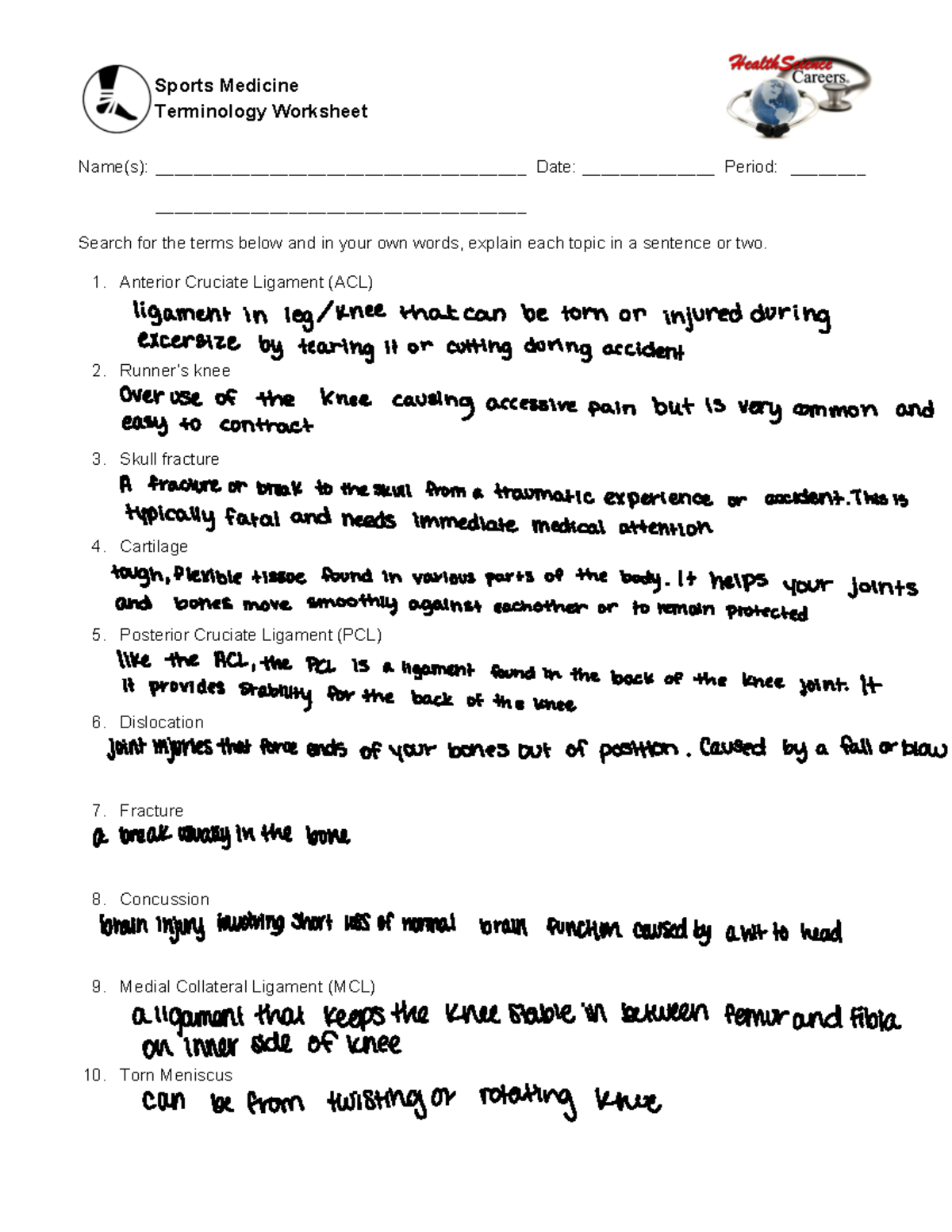 Sports Medicine Terminology Worksheet Name(s