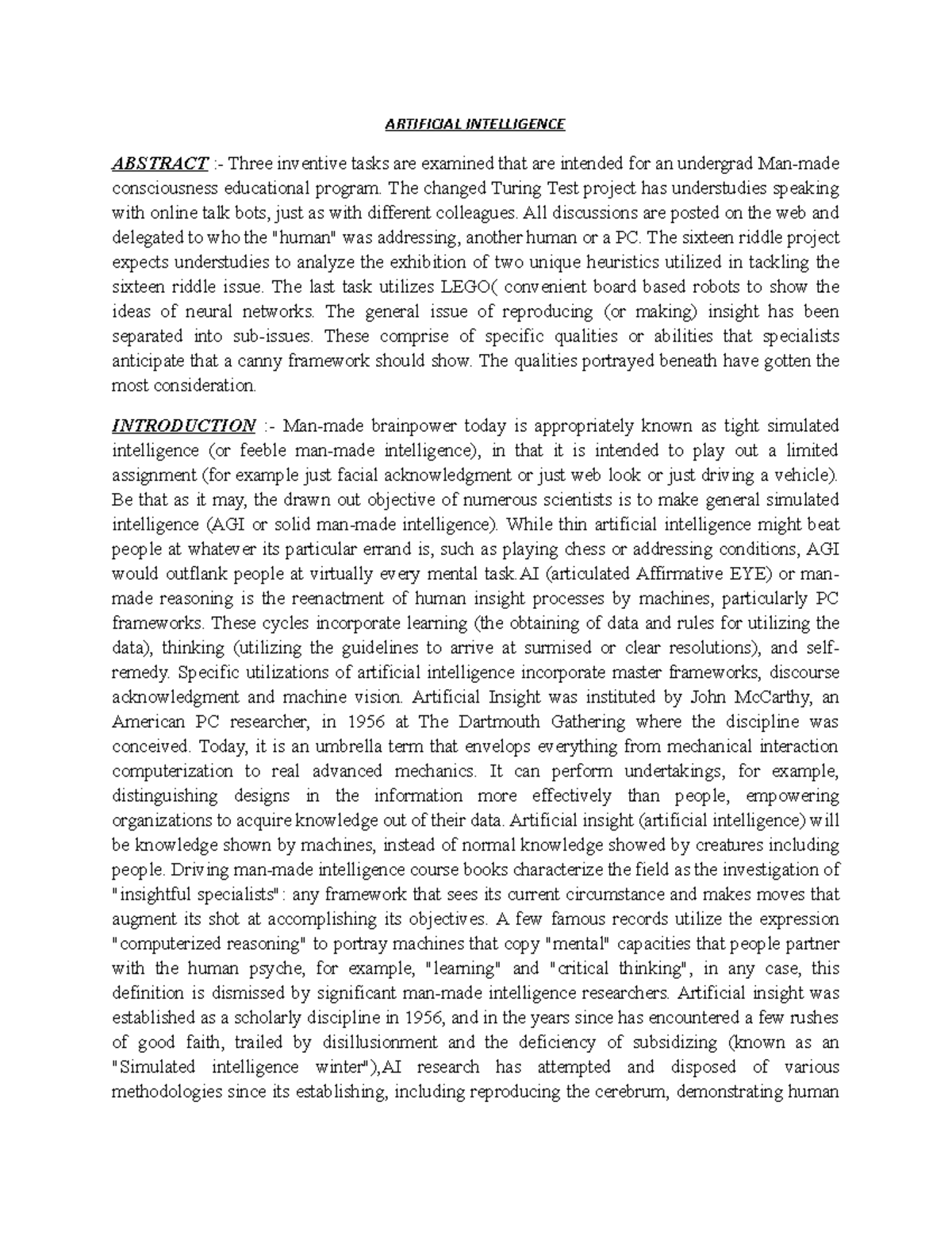Artificial intelligence - ARTIFICIAL INTELLIGENCE ABSTRACT :- Three ...
