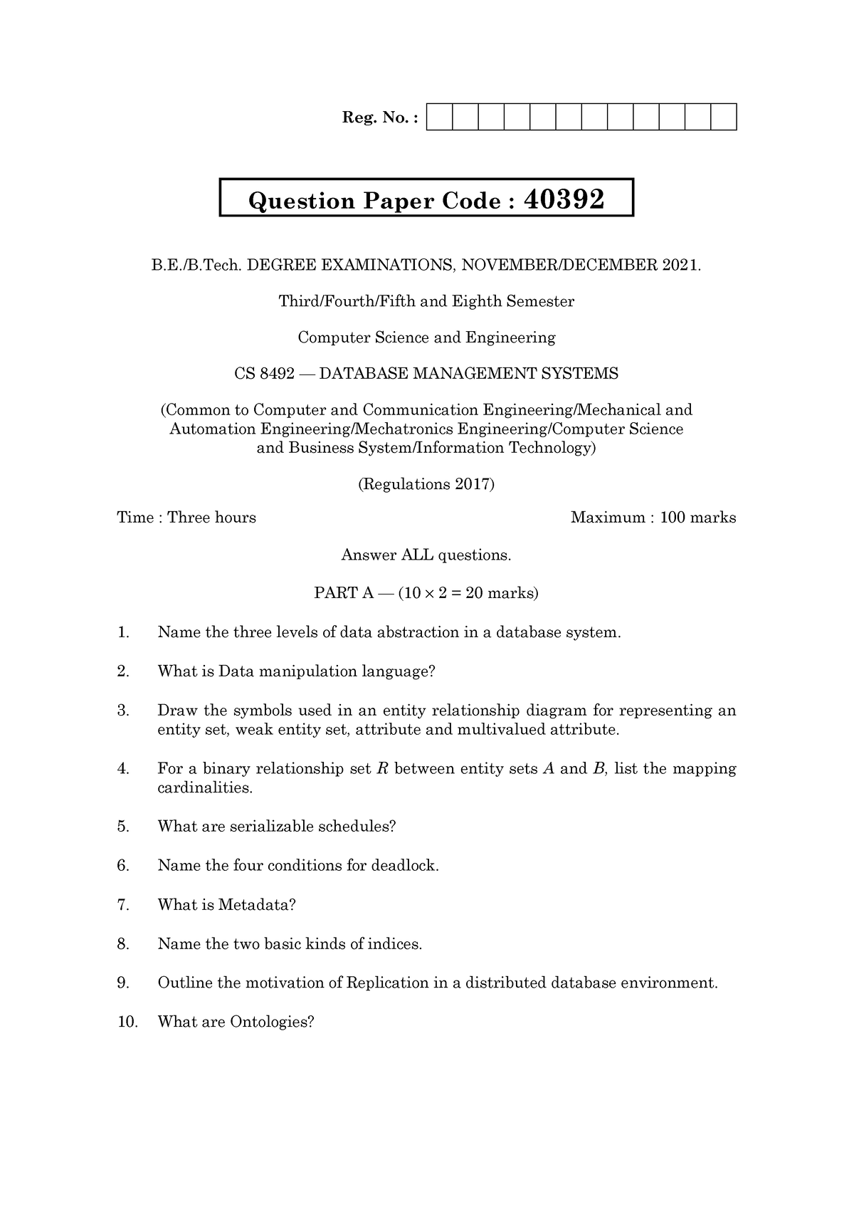 40392(CS8492) - University Question Paper - Reg. No. : B.E./B. DEGREE ...