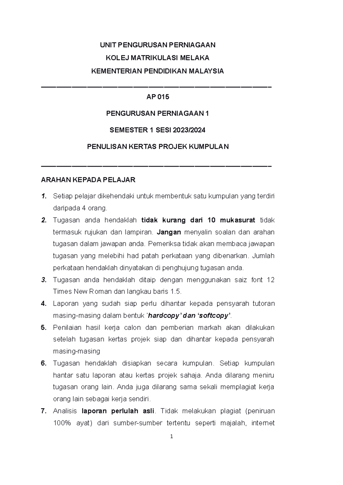 Panduan Tugasan Kumpulan AP015 2023 - UNIT PENGURUSAN PERNIAGAAN KOLEJ ...