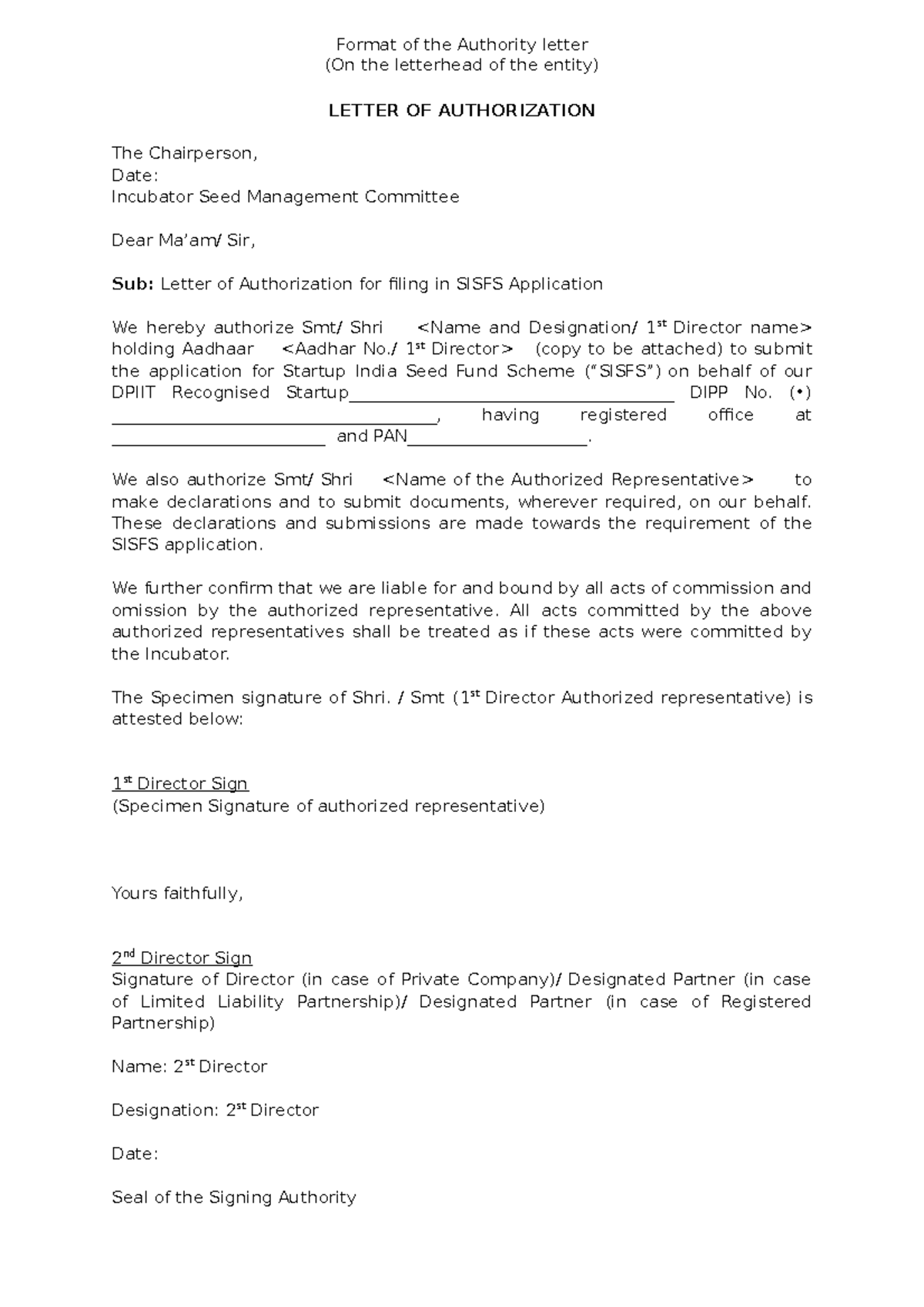 Authorisation Letter for SEED FUND - Format of the Authority letter (On ...