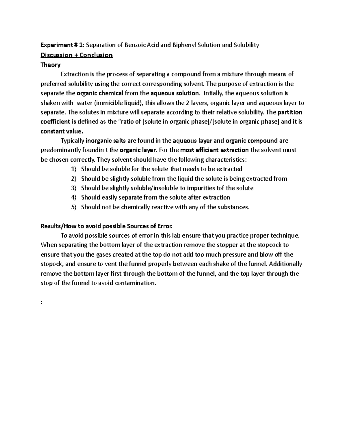 Experiment # 1 Separation of Benzoic Acid and Biphenyl Solution and ...