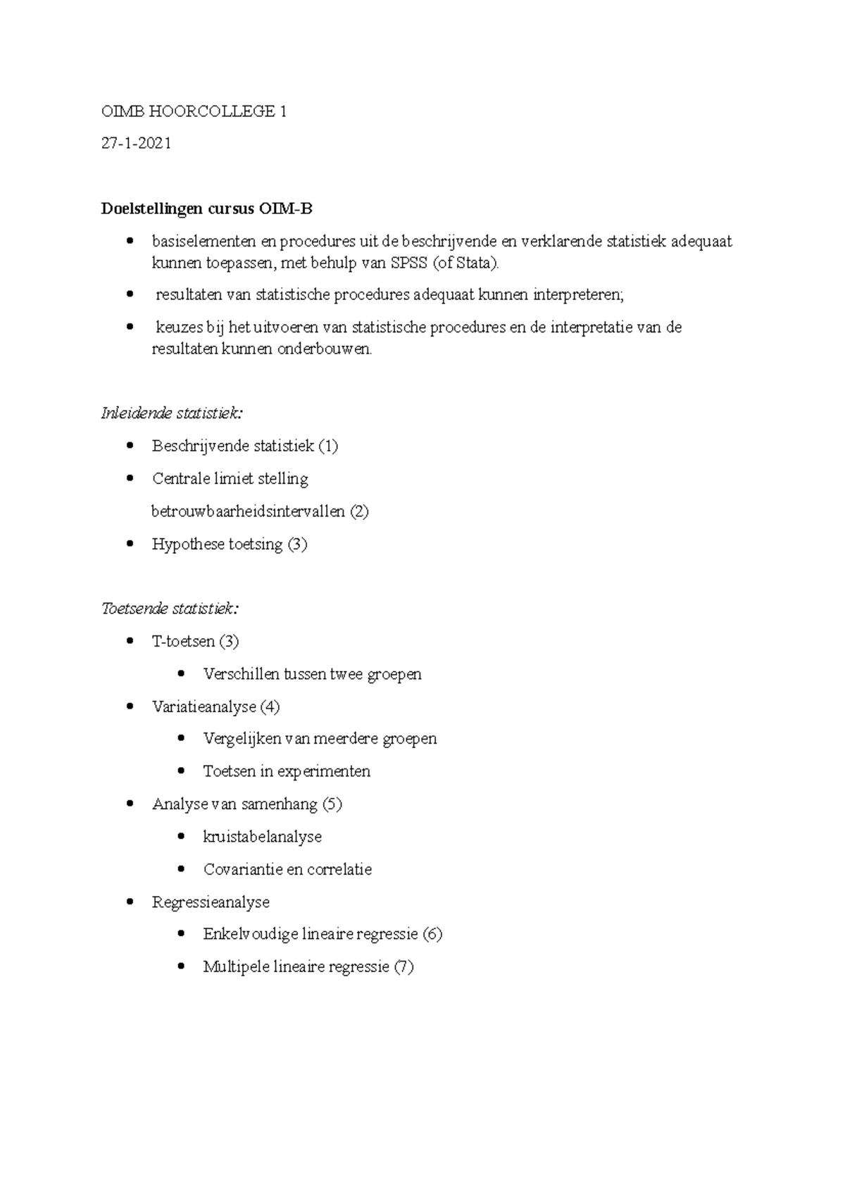 OIMB Hoorcollege 1 - OIMB HOORCOLLEGE 1 27-1- Doelstellingen Cursus OIM ...