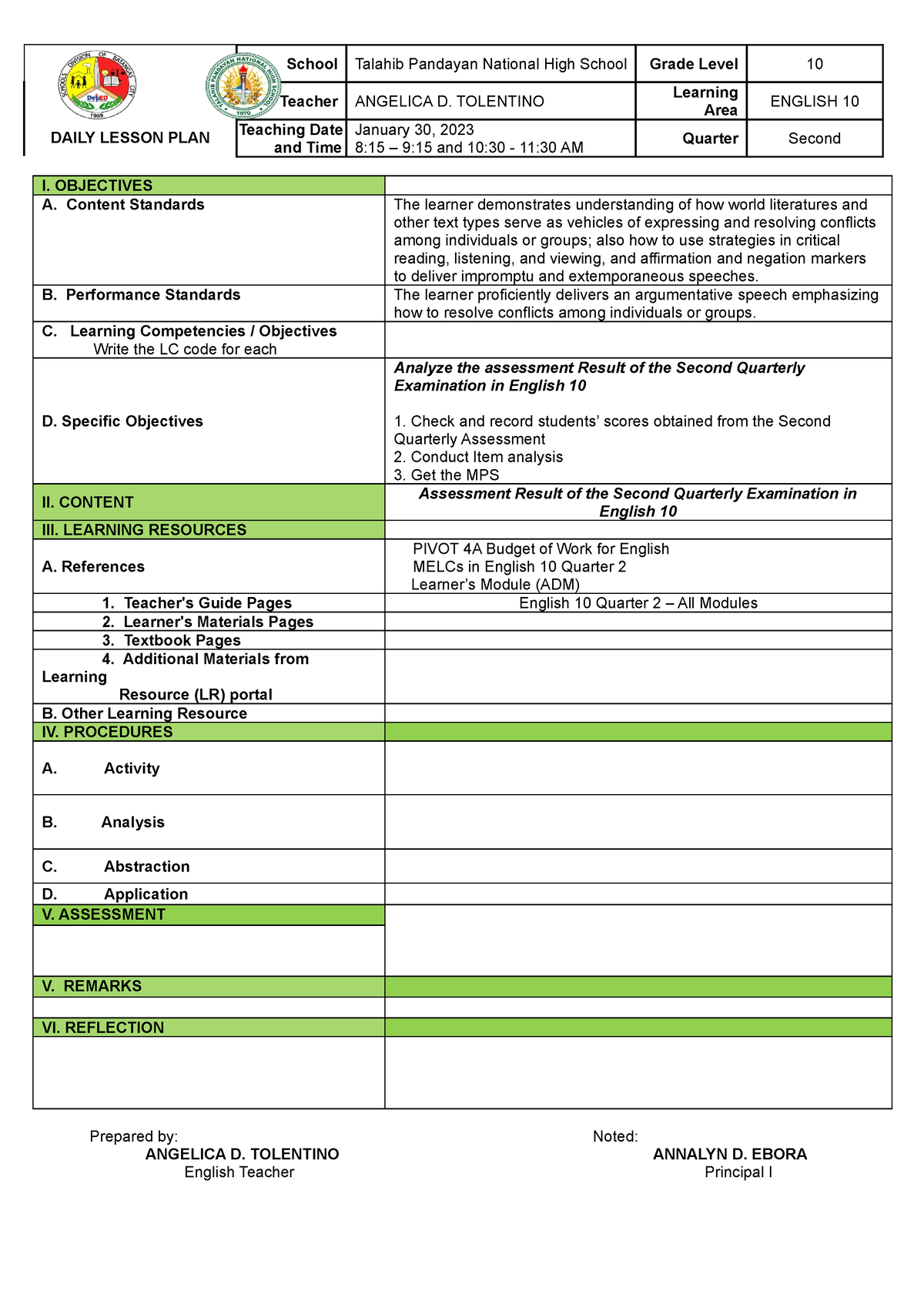 English 10 Dlp NEW Jn 30 - N/a - School Talahib Pandayan National High ...