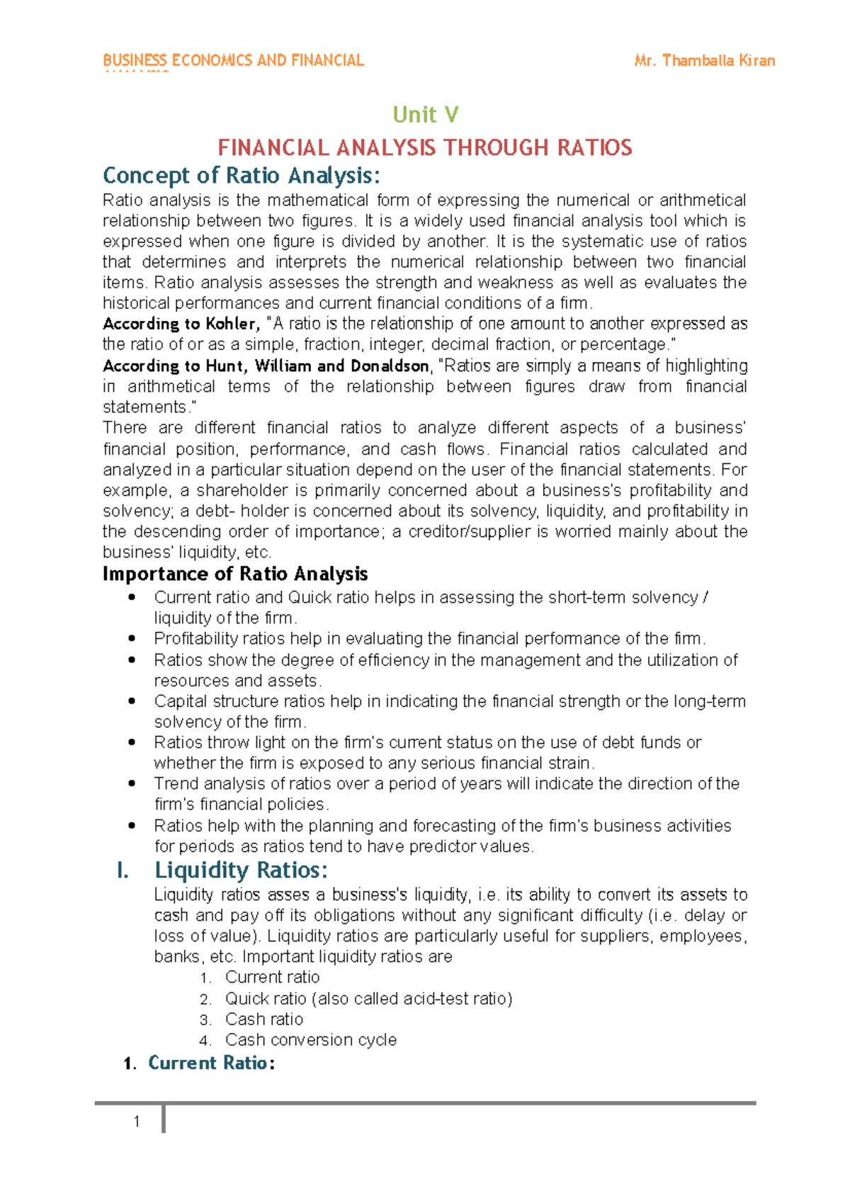 BEFA UNIT 5 - Detailed Notes On Financial Analysis - BUSINESS ECONOMICS ...