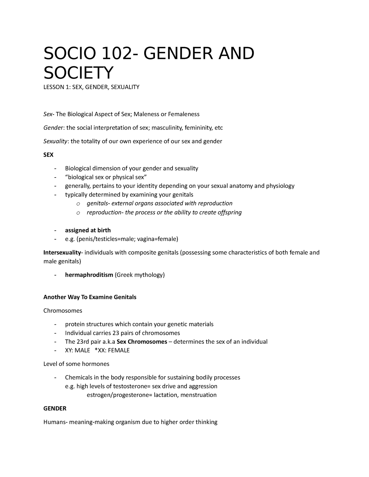 Socio 102 Lecture Notes Socio 102 Gender And Society Lesson 1 Sex Gender Sexuality Sex