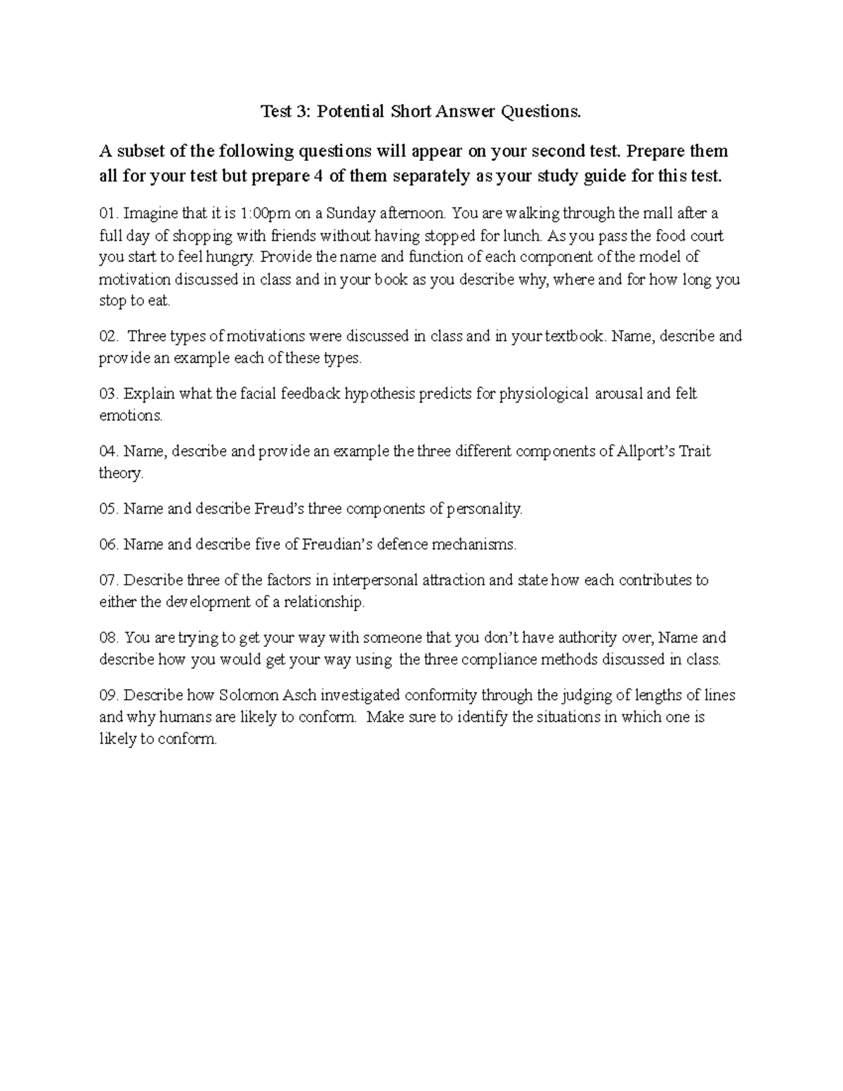 Exam 3 Potential Short Answer Questions - A subset of the following ...