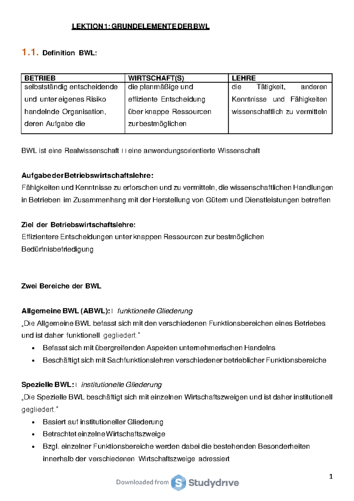 Lektion 1 Grundelemente Der BWL - LEKTION 1: GRUNDELEMENTE DER BWL 1 ...