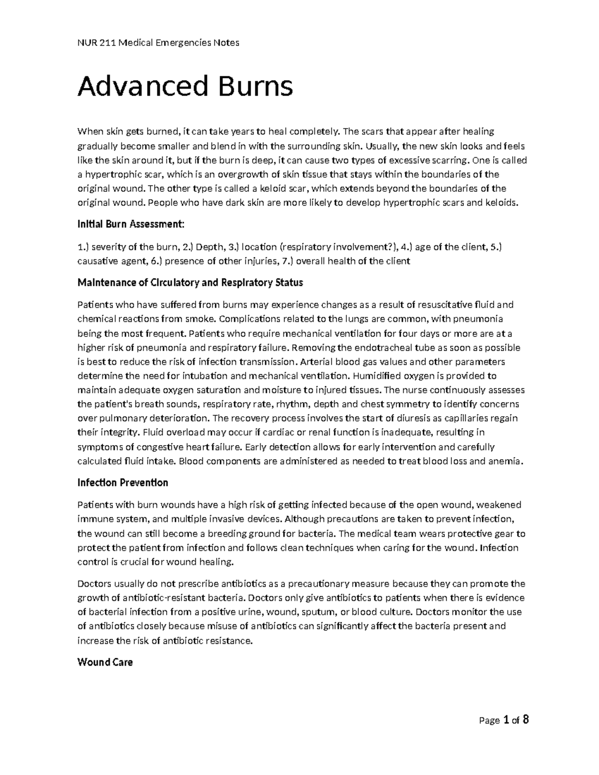 NUR 211 Advanced Burns Notes - Advanced Burns When skin gets burned, it ...