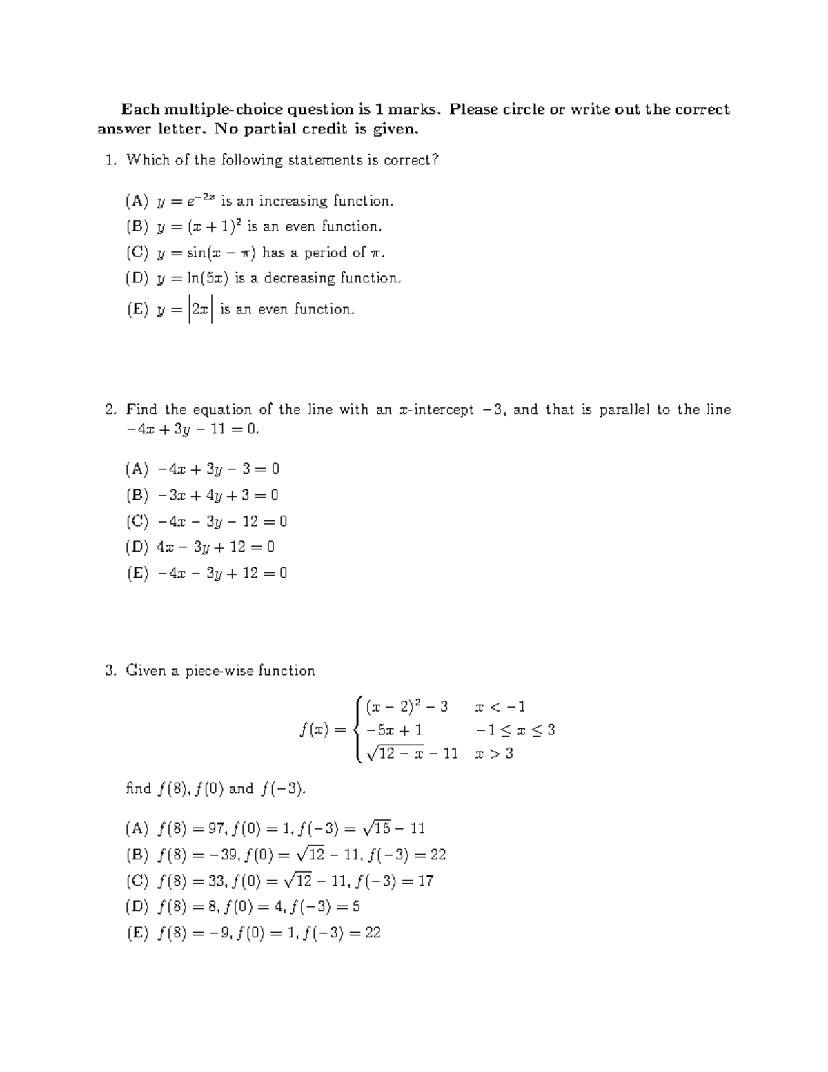 Sample Midterm Test Practice Each Multiple Choice Question Is 1