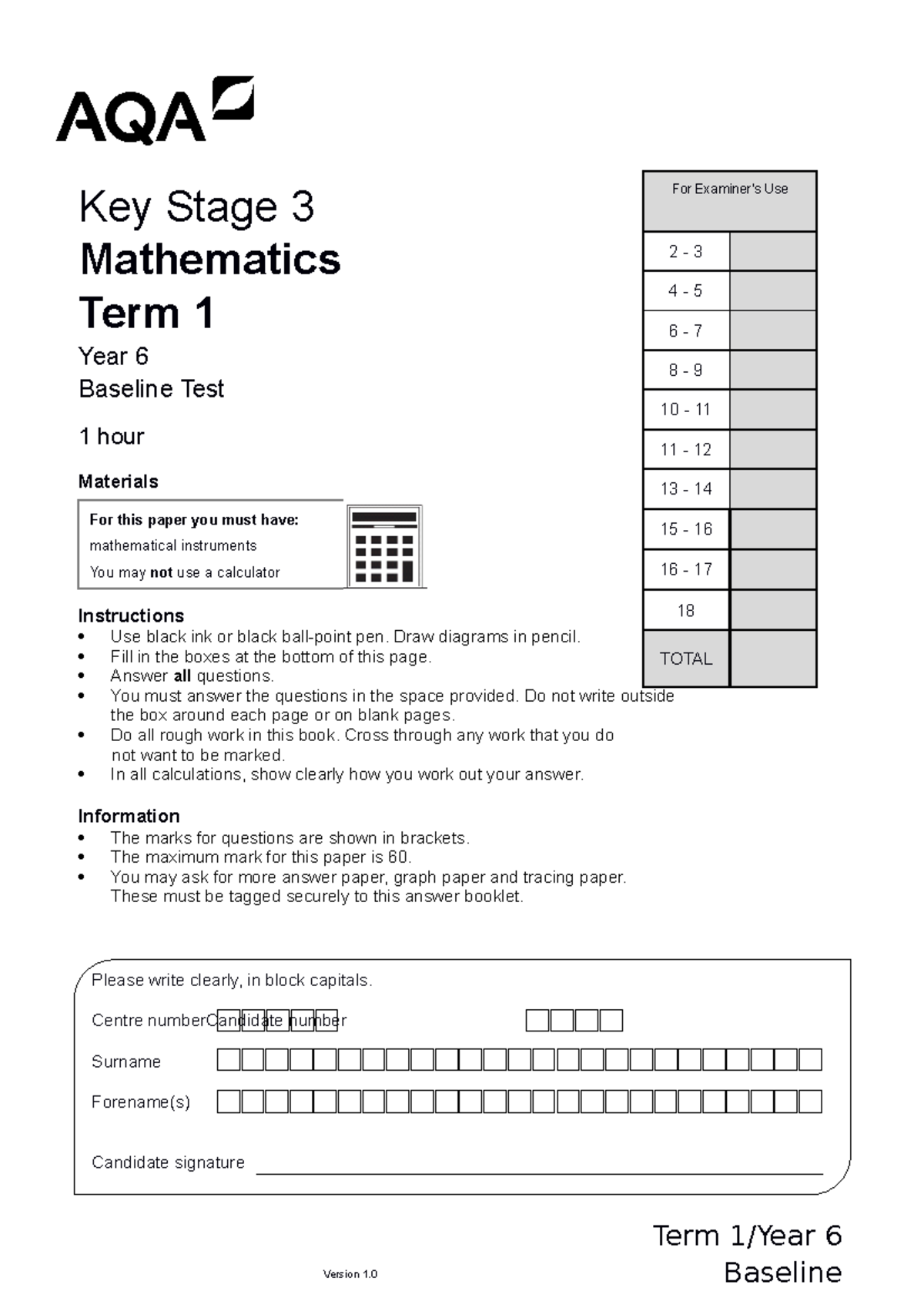 KS3 Year 6 Math test KS3 Year 6 Math test Key Stage 3 Mathematics