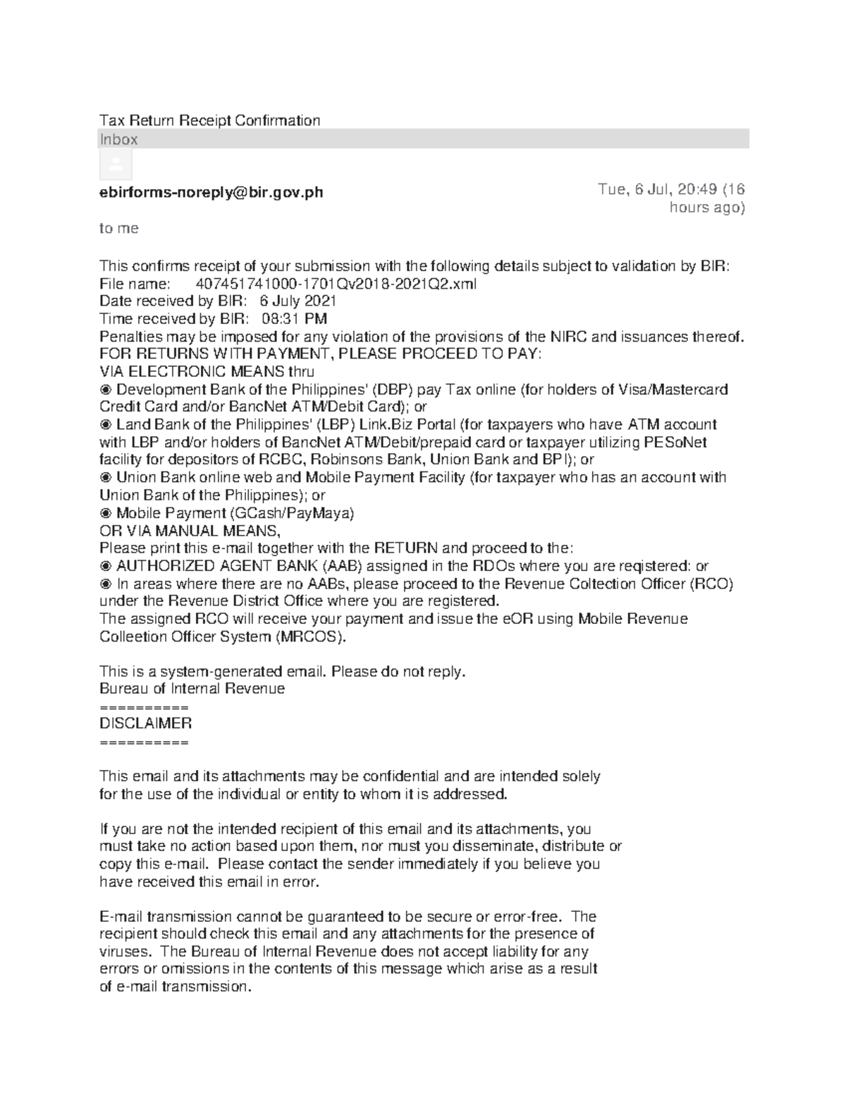 2021 jake bleach Tax Return Receipt Confirmation Inbox ebirforms