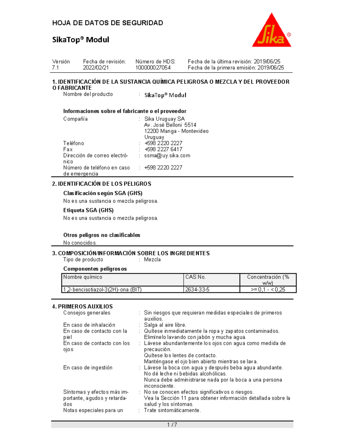 Sika TopModul HS1 Sika TopModul HS1 SikaTop® Modul Versión 7. 1