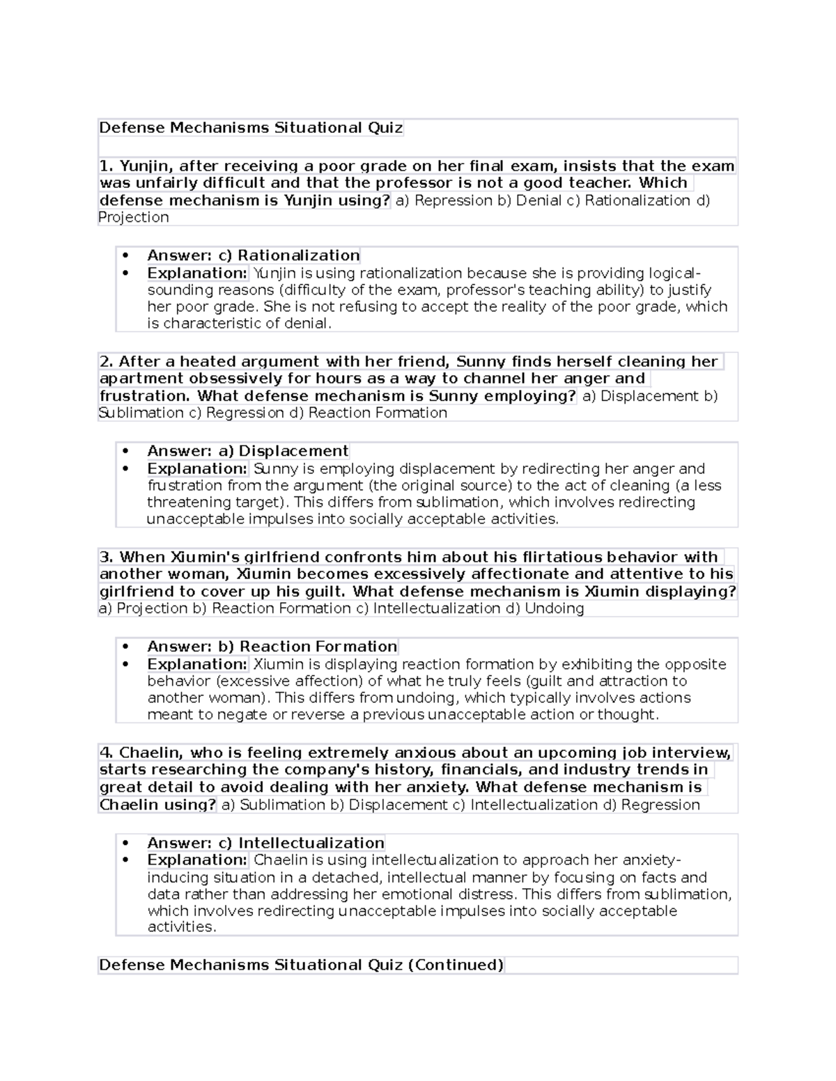 Defense Mechanisms Situational Quiz Defense Mechanisms Situational