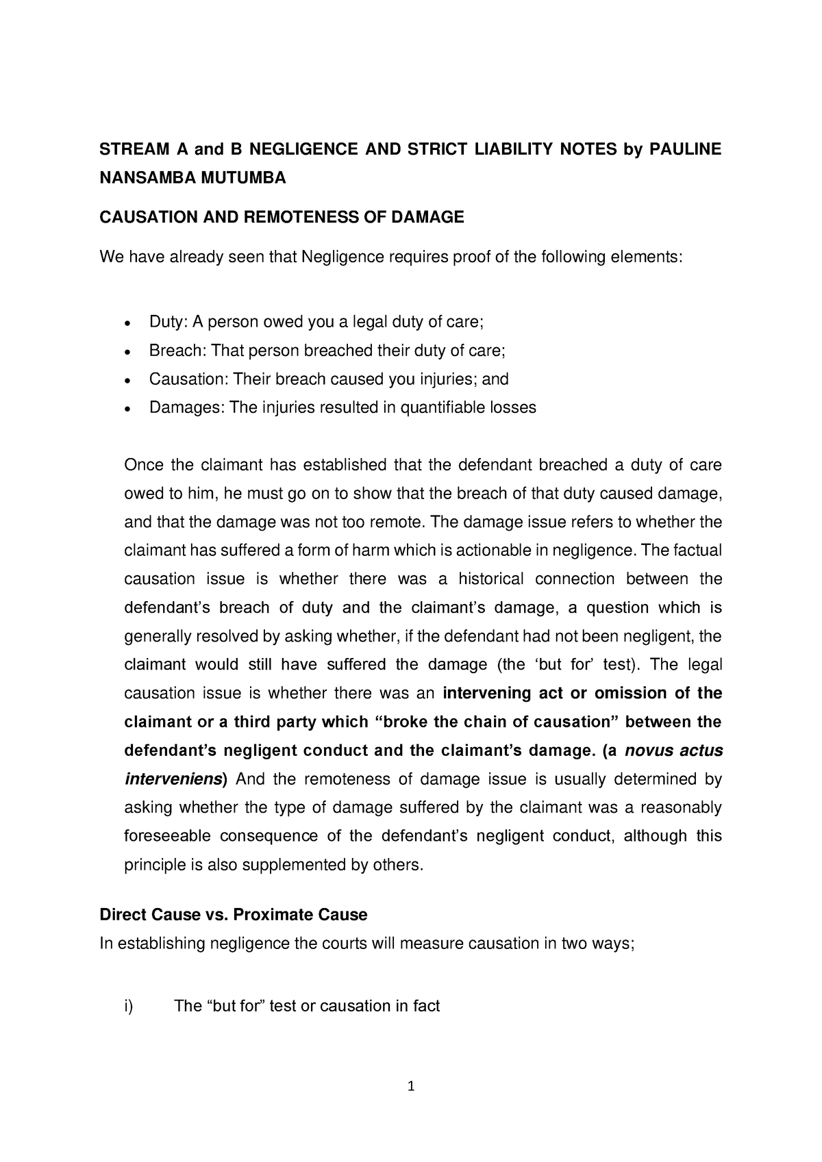 Causation And Remoteness - STREAM A And B NEGLIGENCE AND STRICT ...