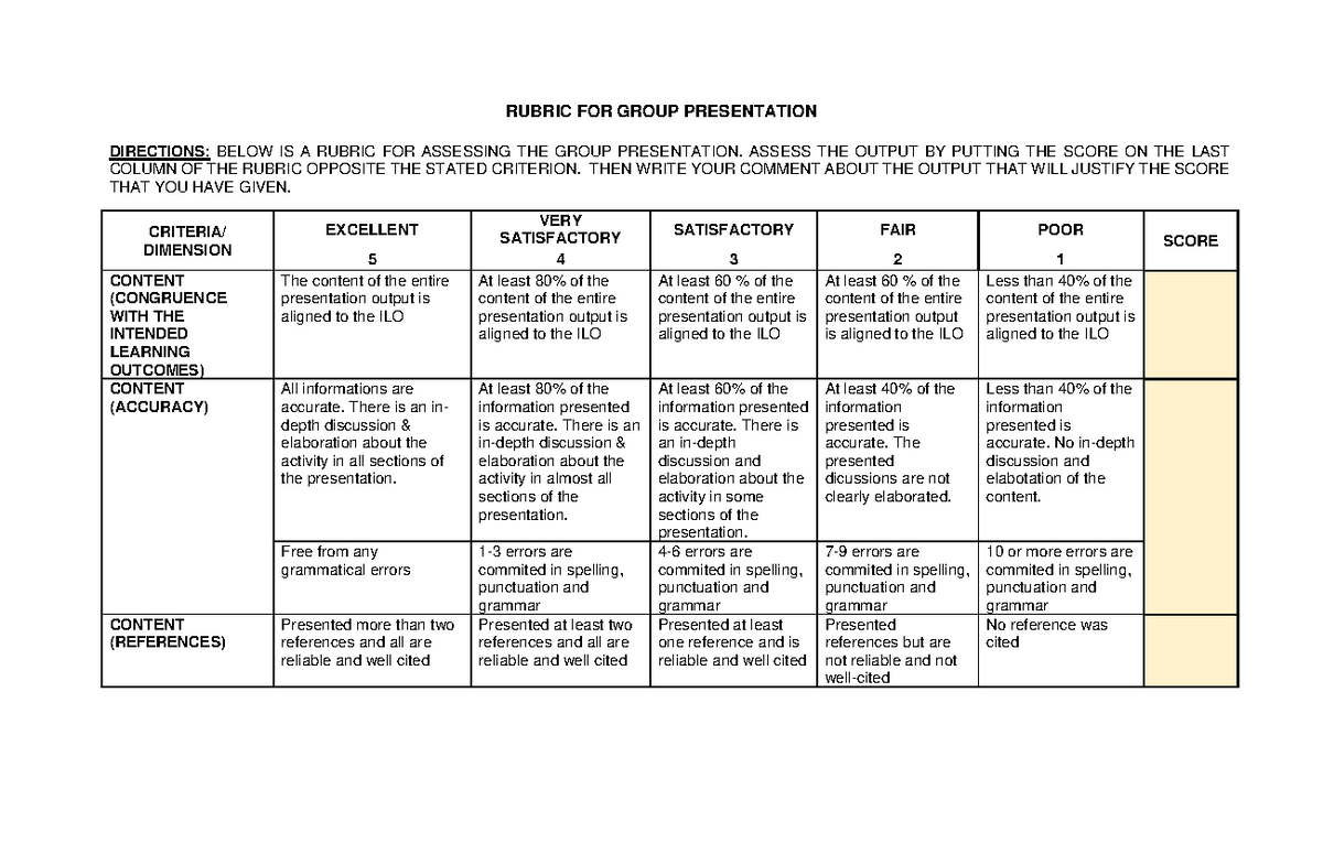 Rubric FOR Group Presentation RUBRIC FOR GROUP PRESENTATION