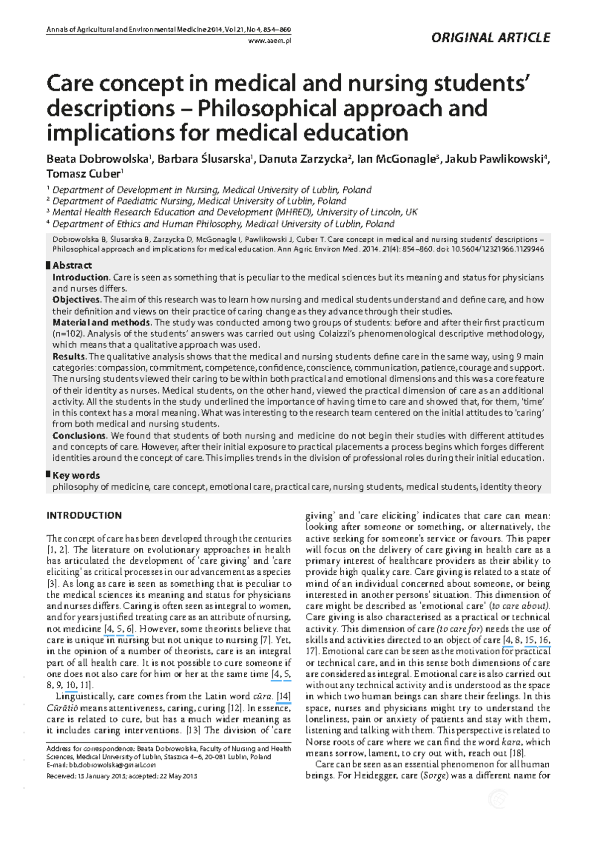 Care concept in medical and nursing stud - Annals of Agricultural and ...