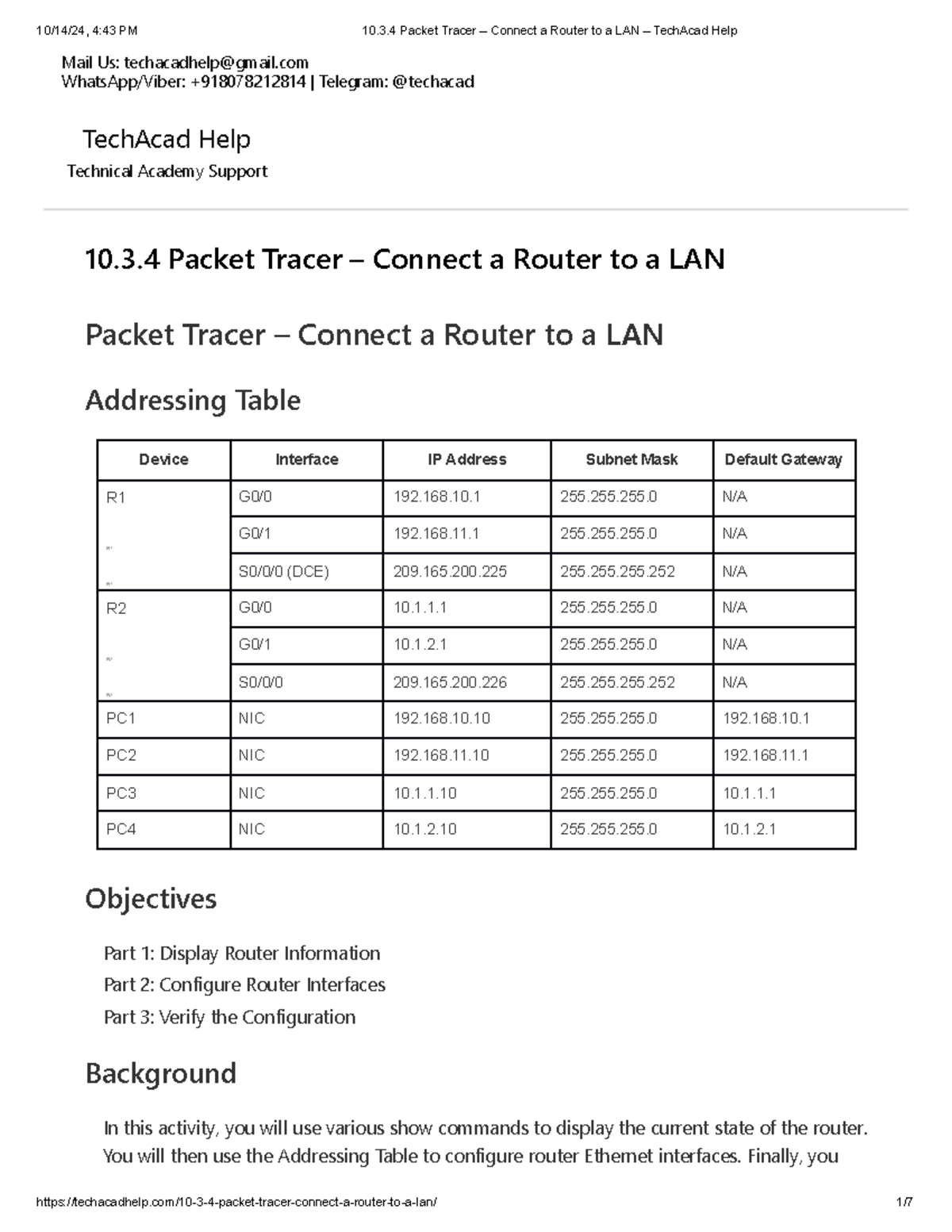 10.3.4 Packet Tracer Connect a Router to a LAN Tech Acad Help