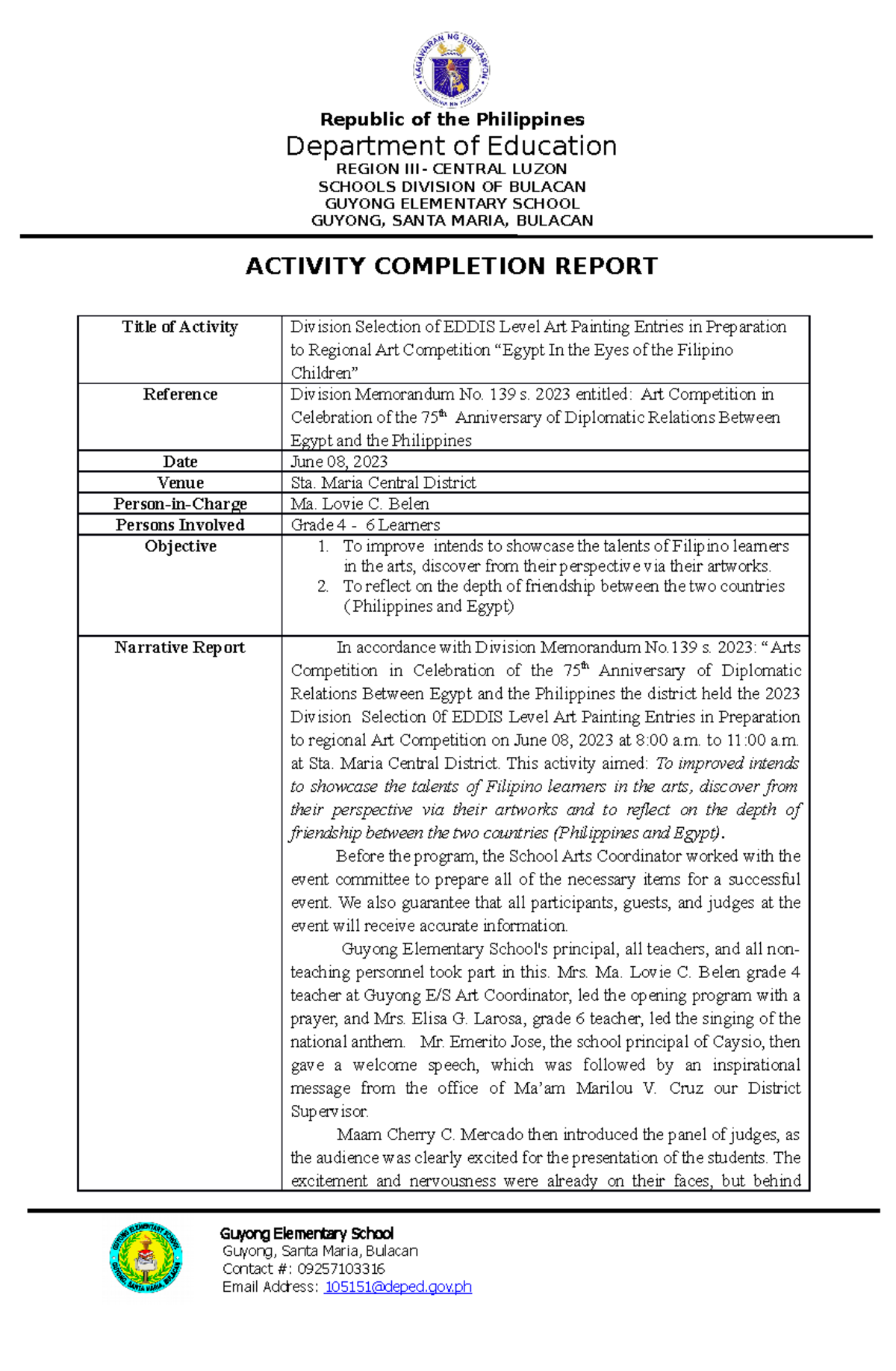 ACR-ARTS - dgs - Republic of the Philippines Department of Education ...
