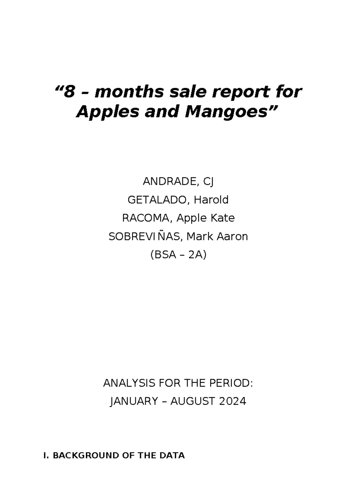 SBA Produce 3 - Strategic Business Analytics - “8 – months sale report ...
