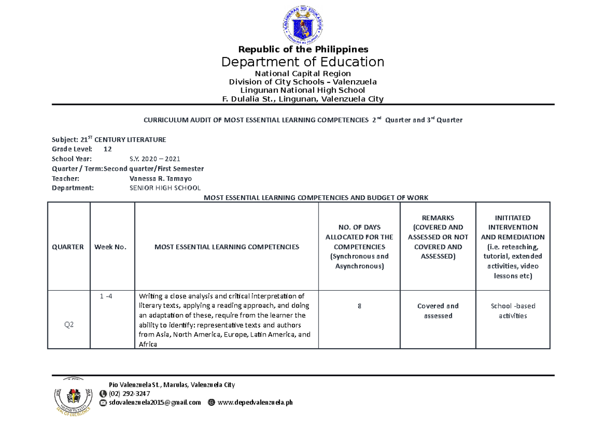 Quarter 2-21ST Century- Curriculum Audit-2020-2021 - Republic of the ...