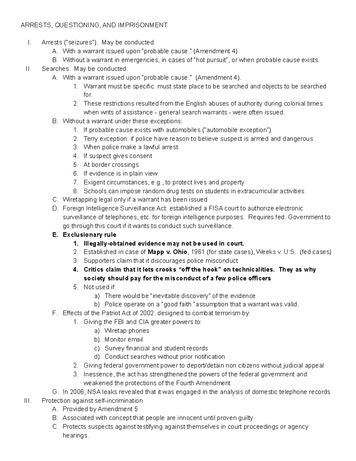 Arrests, Questioning, AND Imprisonment Note summarized - ARRESTS ...