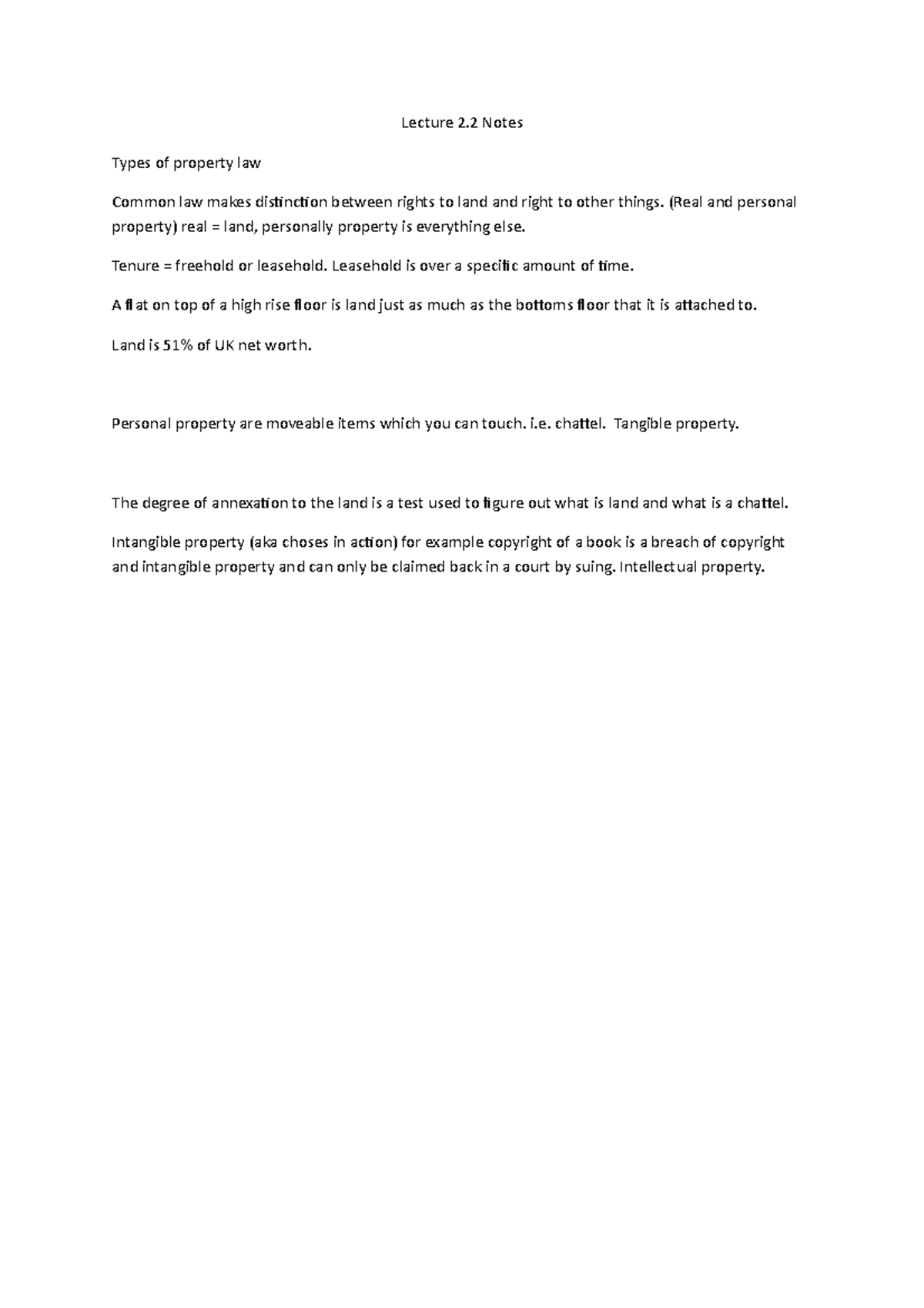 property law lecture notes - Lecture 2 Notes Types of property law ...