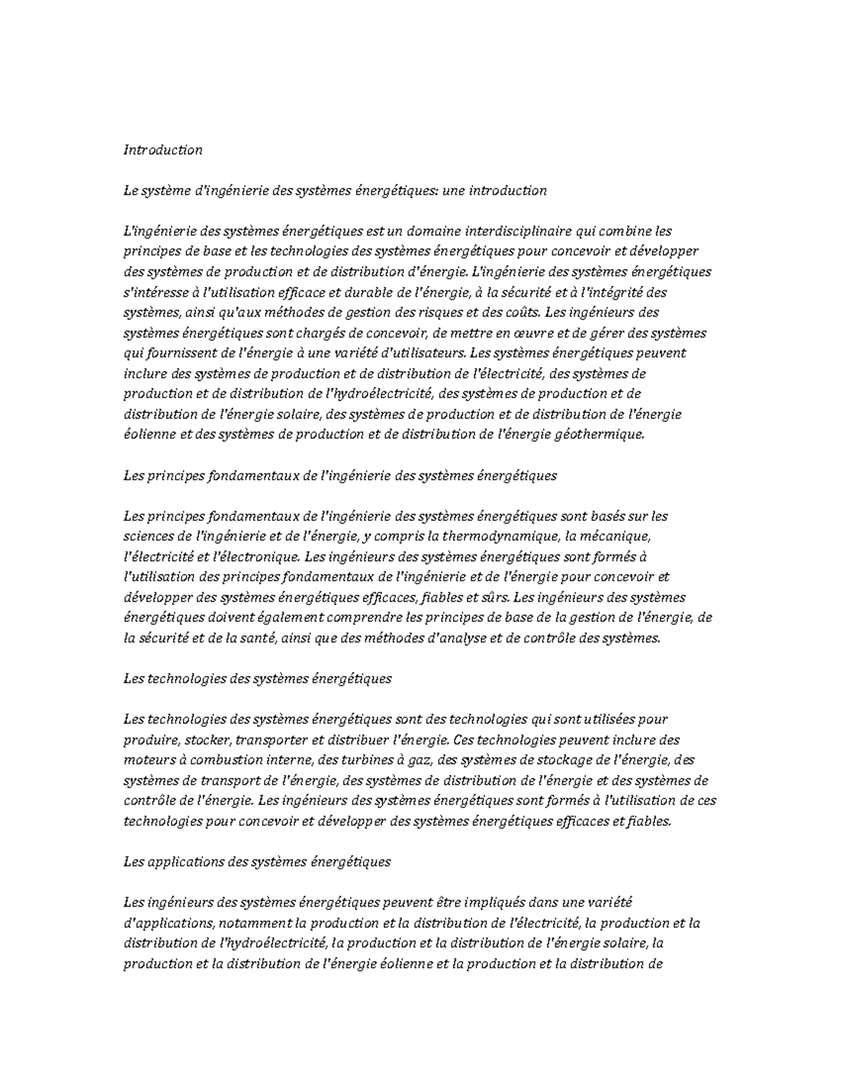 Energy Systems Engineering Notes de cours Introduction Le système d'ingénierie des systèmes