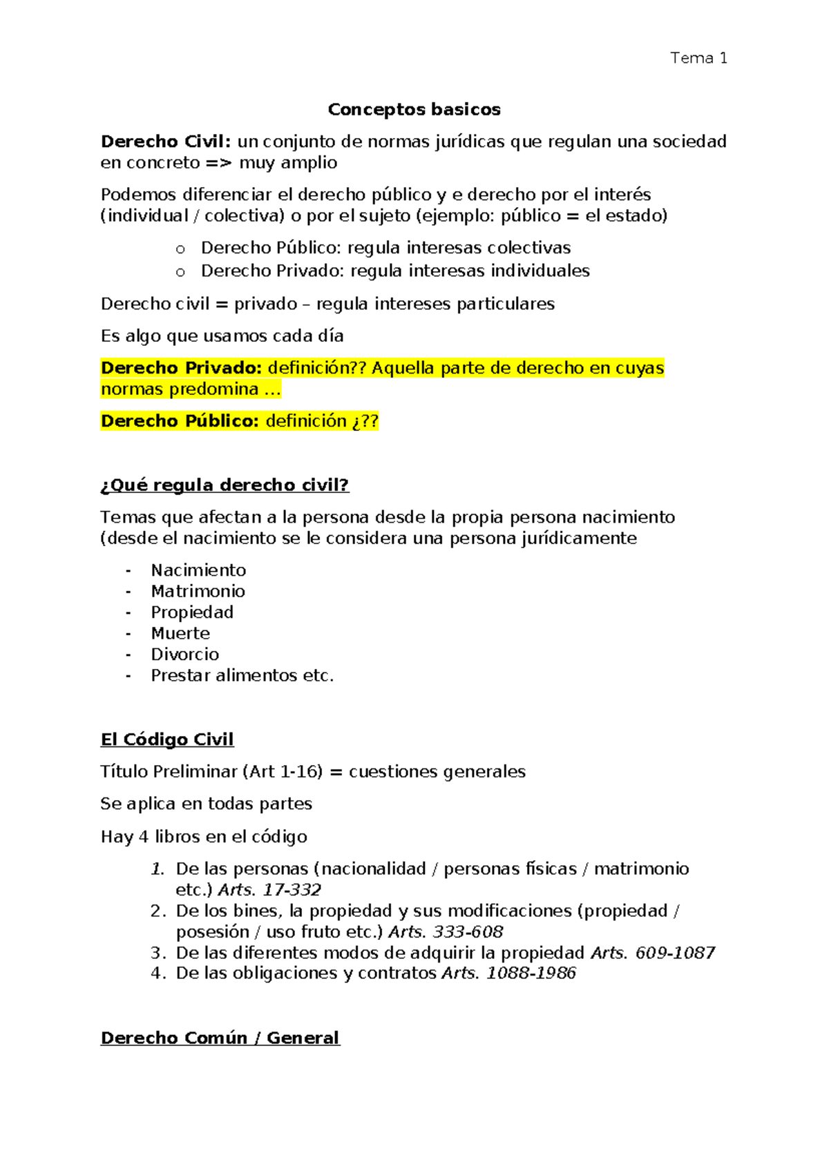 1 Conceptos basicos - Tema 1 Conceptos basicos Derecho Civil: un ...
