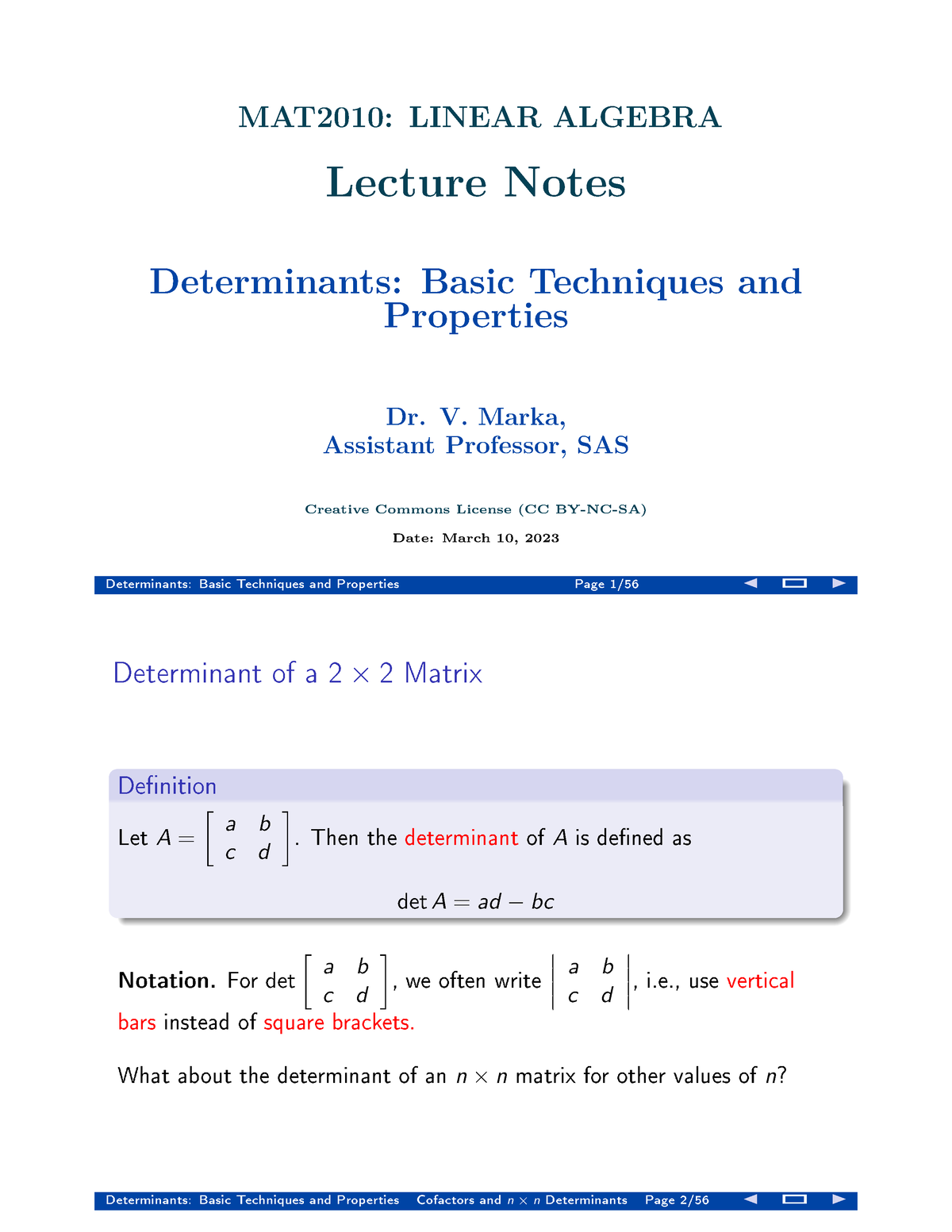 MAT2010 M1L3 Determinants Handout - MAT2010: LINEAR ALGEBRA Lecture ...