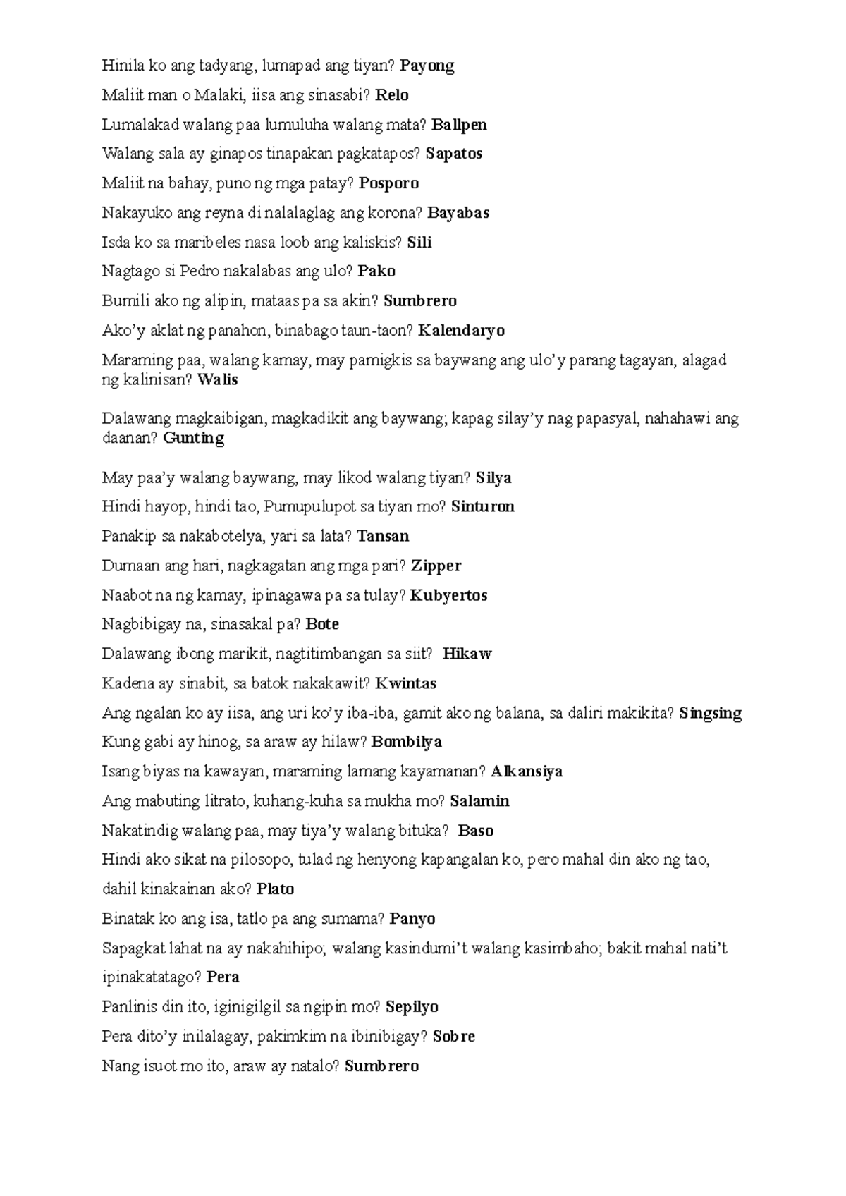 Riddles - Hinila ko ang tadyang, lumapad ang tiyan? Payong Maliit man o ...