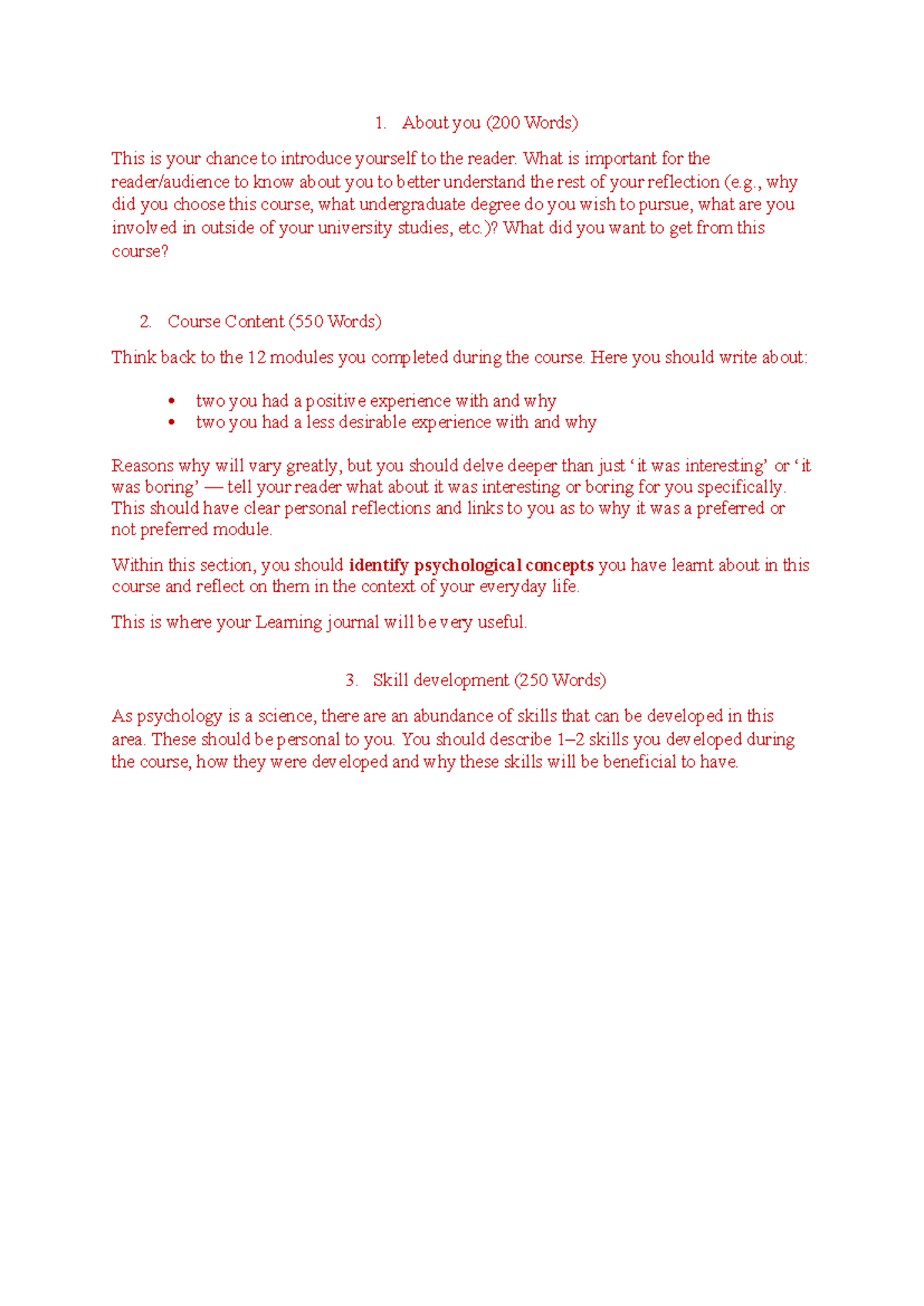 Reflection - notes - 1. About you (200 Words) This is your chance to ...