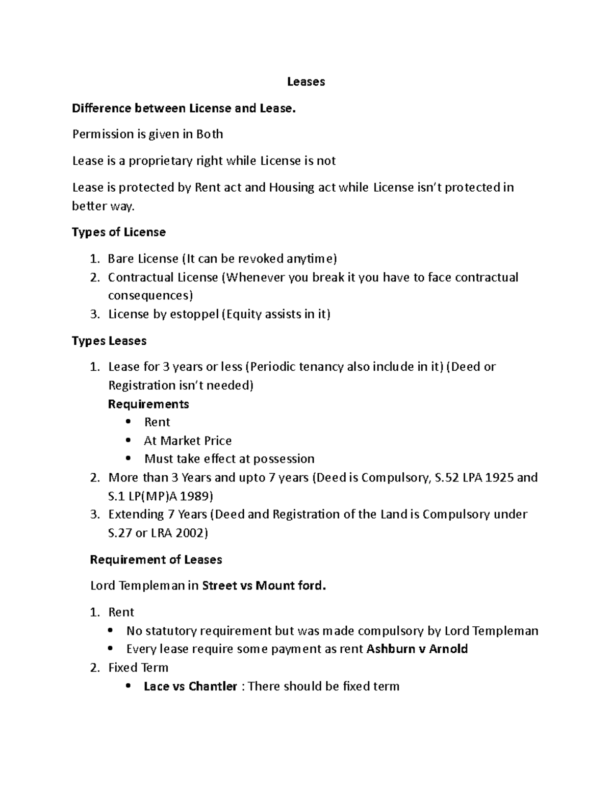 Leases and license Property law notes Leases Difference between