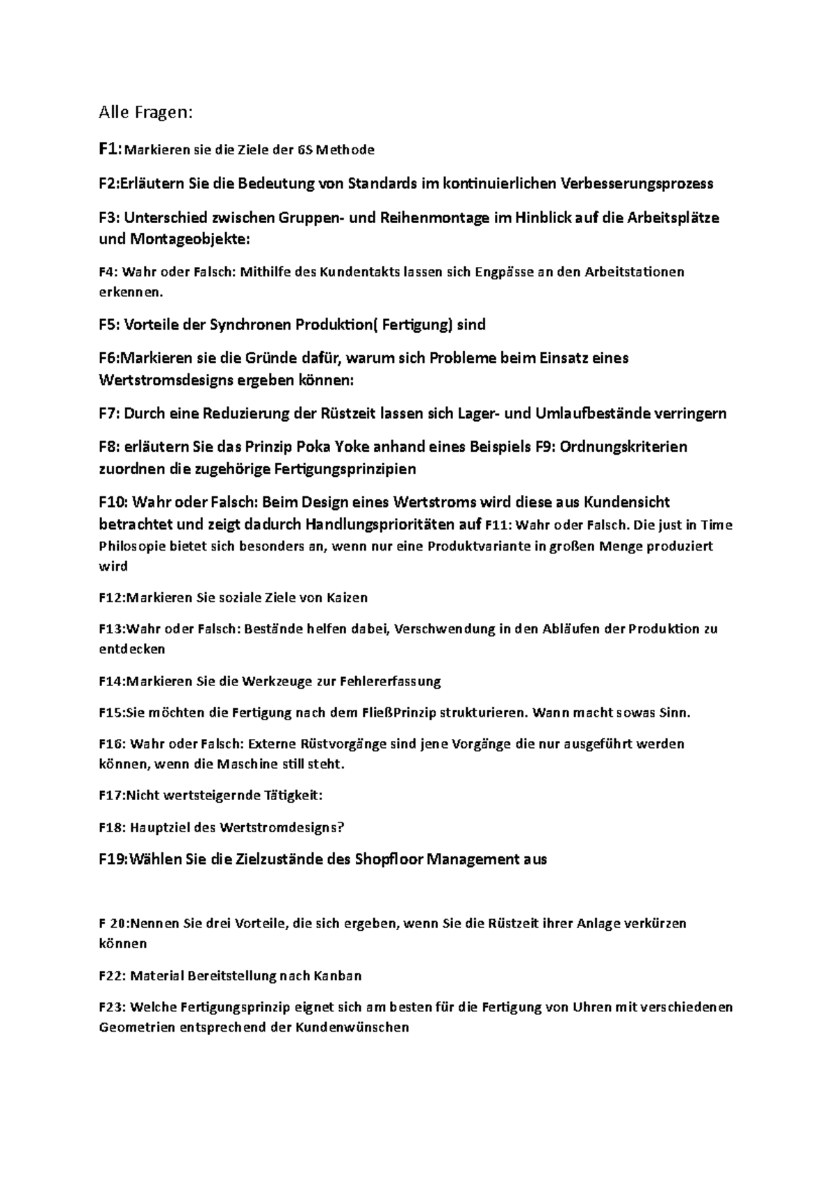 Altklausur Lean and green - Alle Fragen: F1:Markieren sie die Ziele der ...