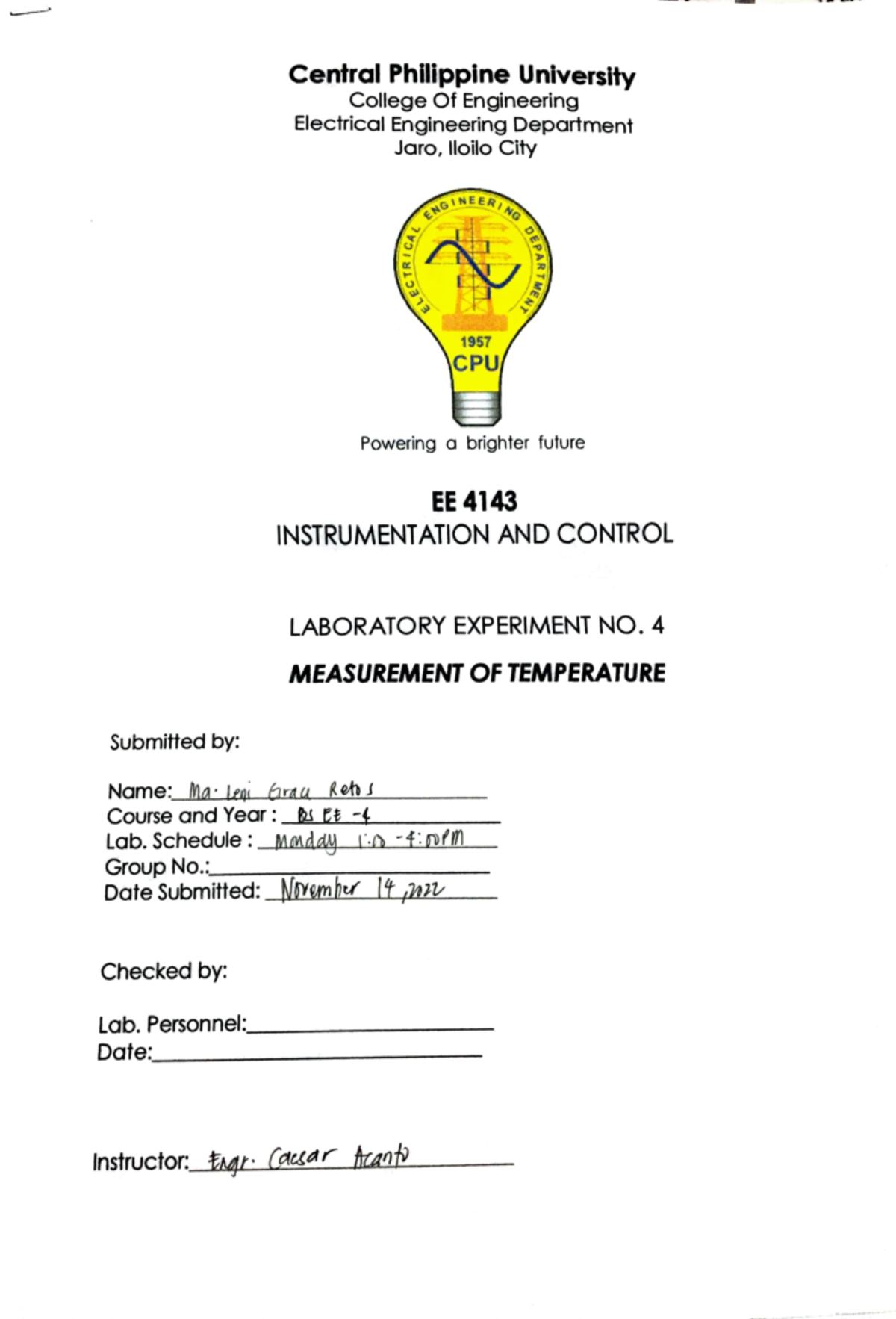 EE 4143 Laboratory Experimen - Submitted by: Central Philippine ...