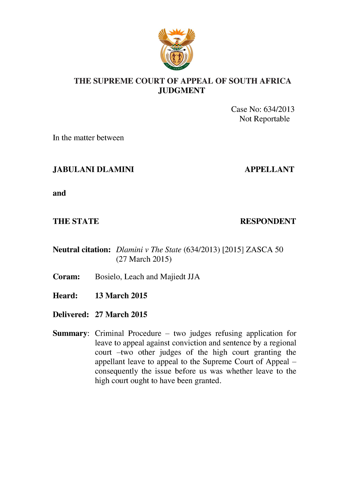 Dlamini v The State - SUMMARIES - LLB 98680 - Unisa - Studocu