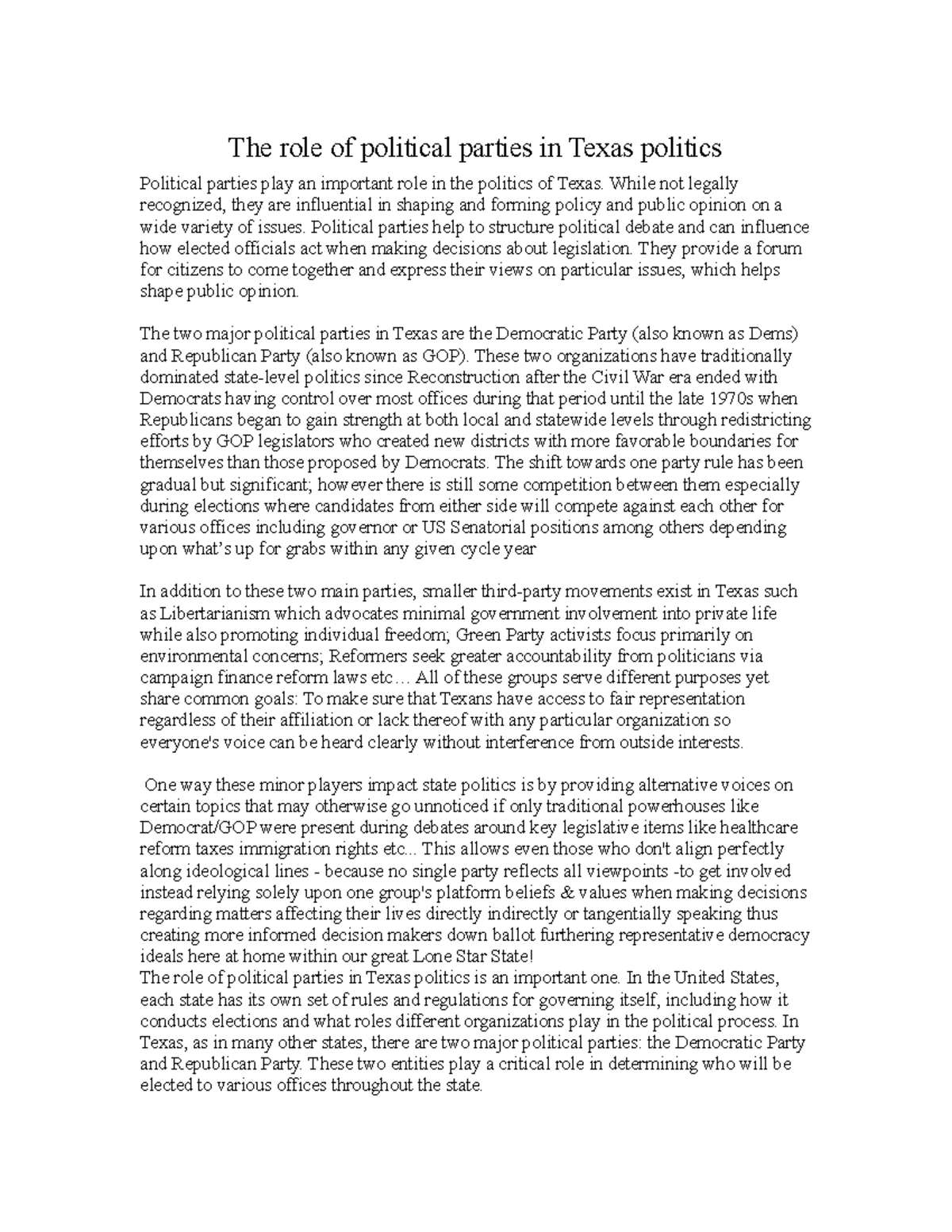 The role of political parties in Texas politics While not legally