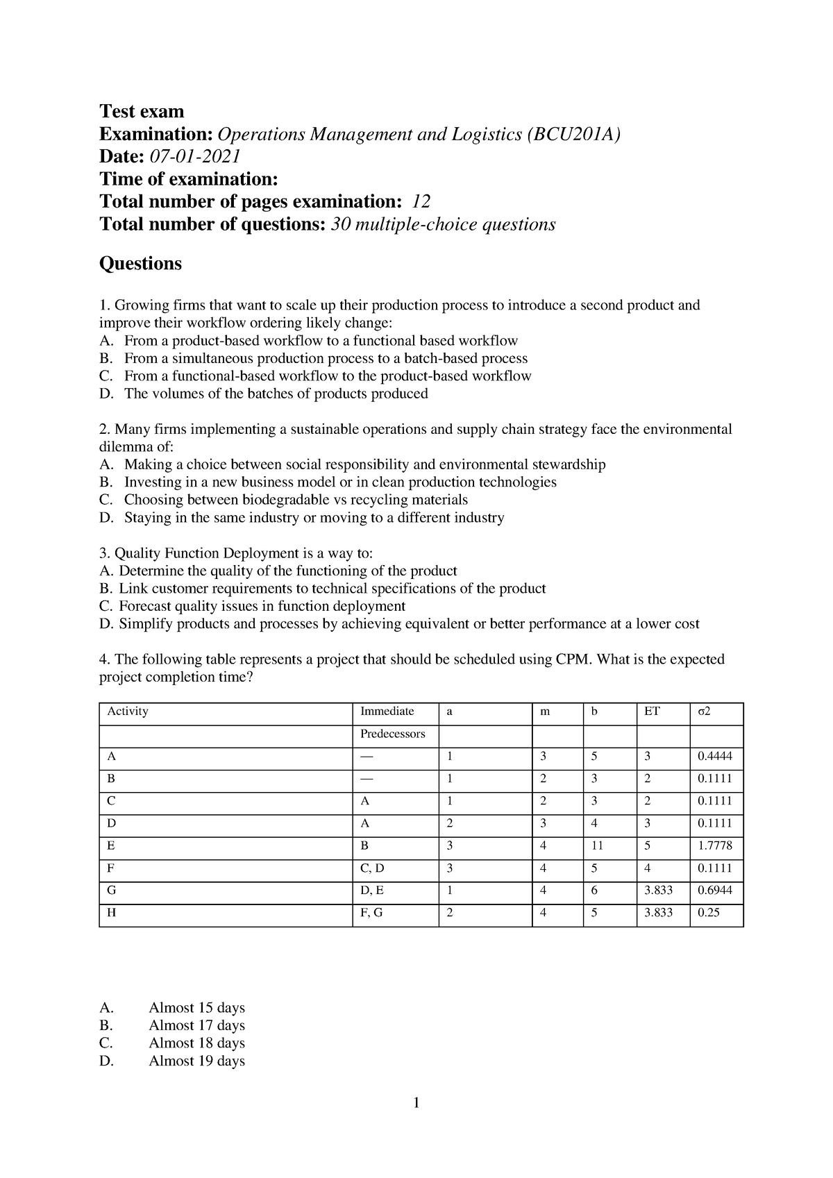 Test Exam OML 20210107 Bs - Test Exam Examination: Operations ...