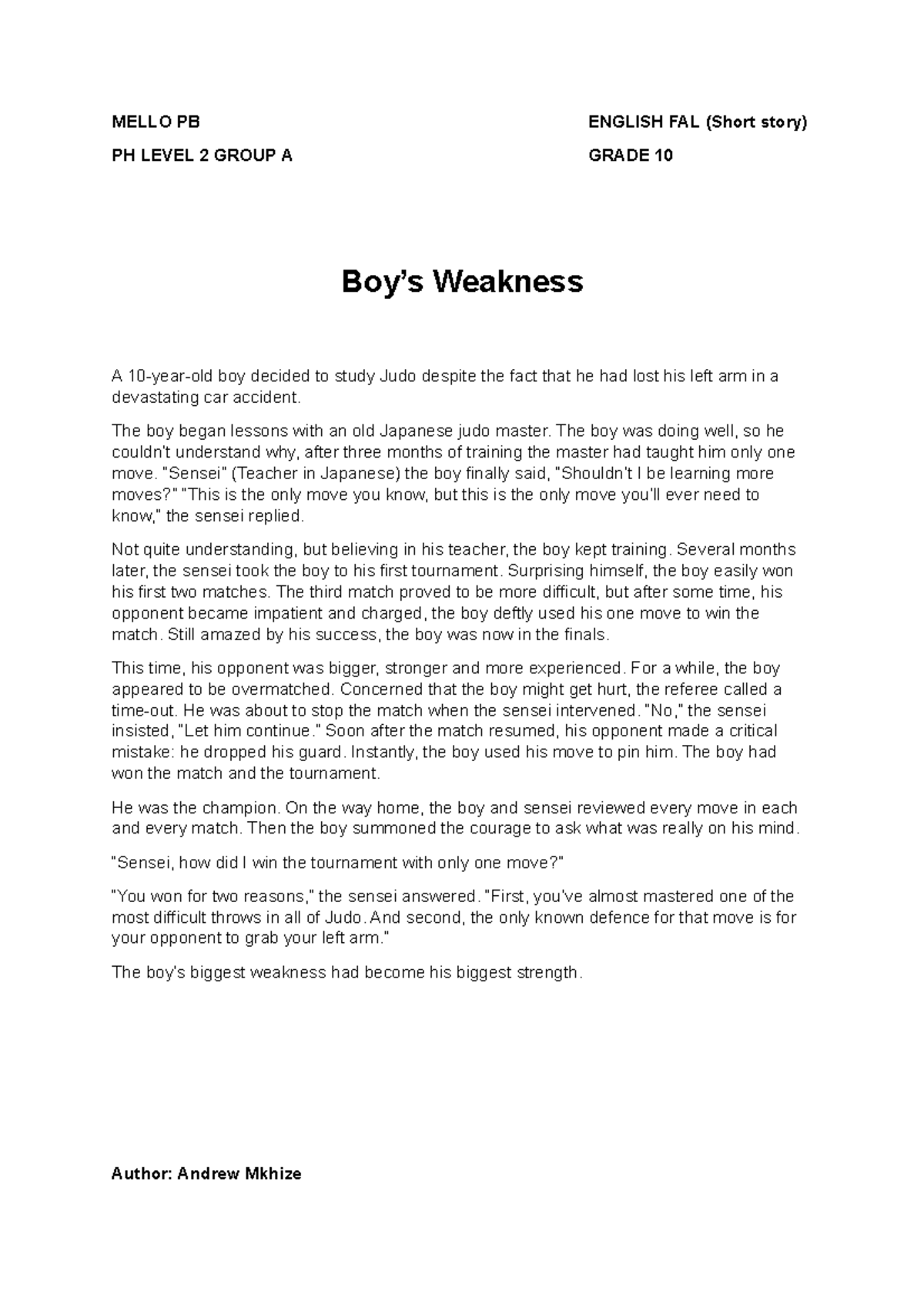 Boys weakness - Short Story - MELLO PB ENGLISH FAL (Short story) PH ...