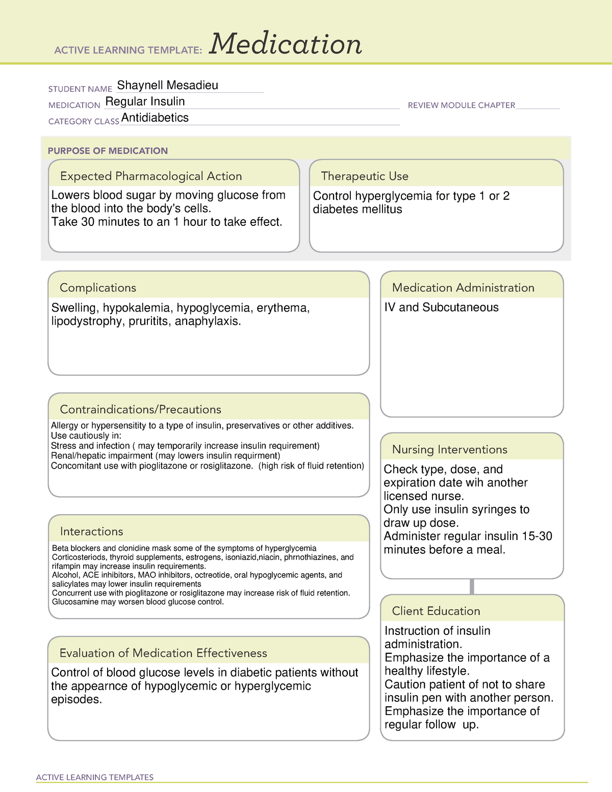 ATI learning template Regular insulin ACTIVE LEARNING TEMPLATES